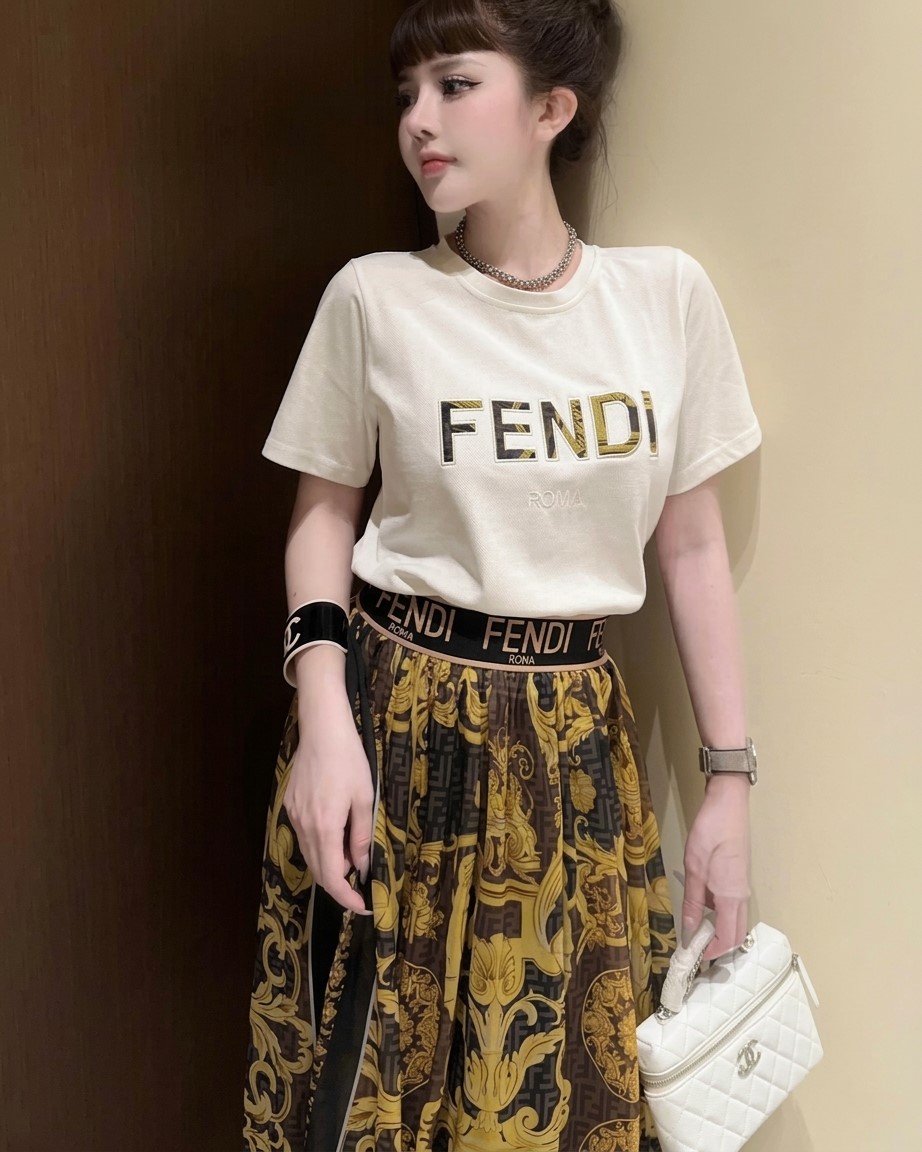 Set áo thun đen trắng tay ngắn váy dáng dài vàng Versace 3