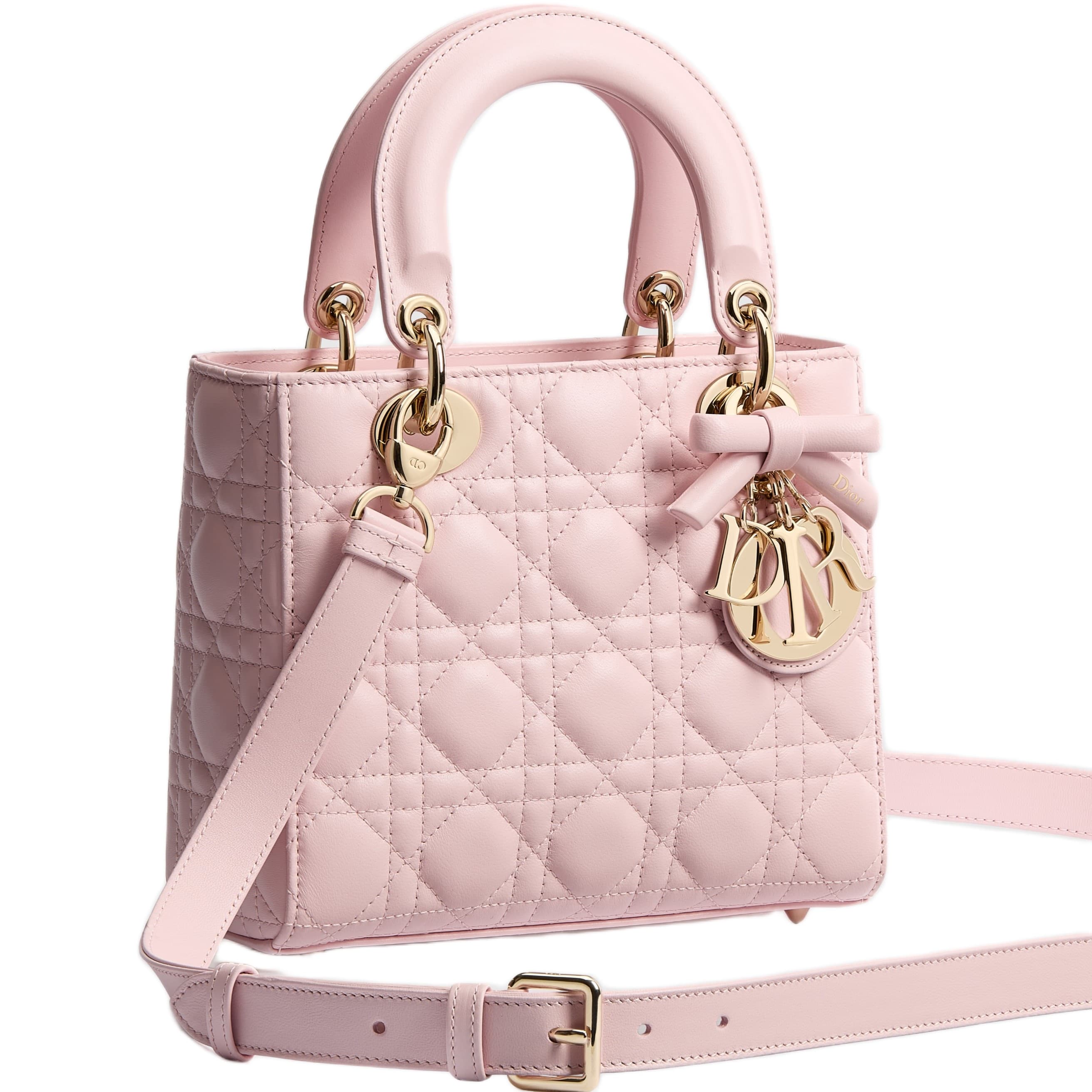 Túi Small Lady Dior Bag with Strap Rose Soupir Cannage Lambskin 1
