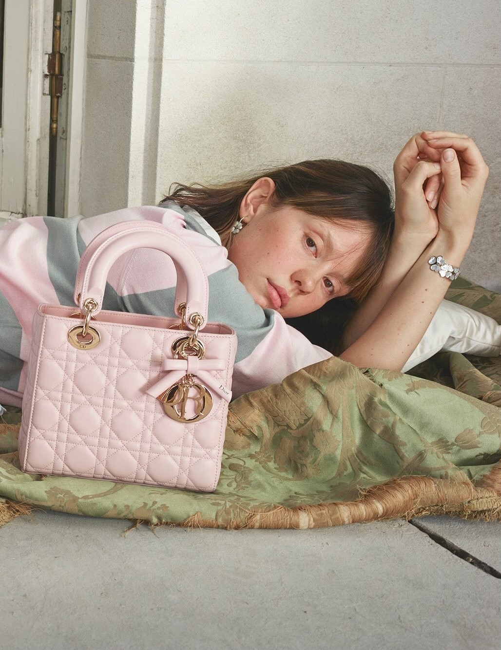 Túi Small Lady Dior Bag with Strap Rose Soupir Cannage Lambskin 4