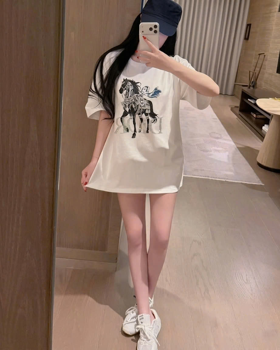 Áo thun trắng phom rộng họa tiết ngựa đính đá Dior 6