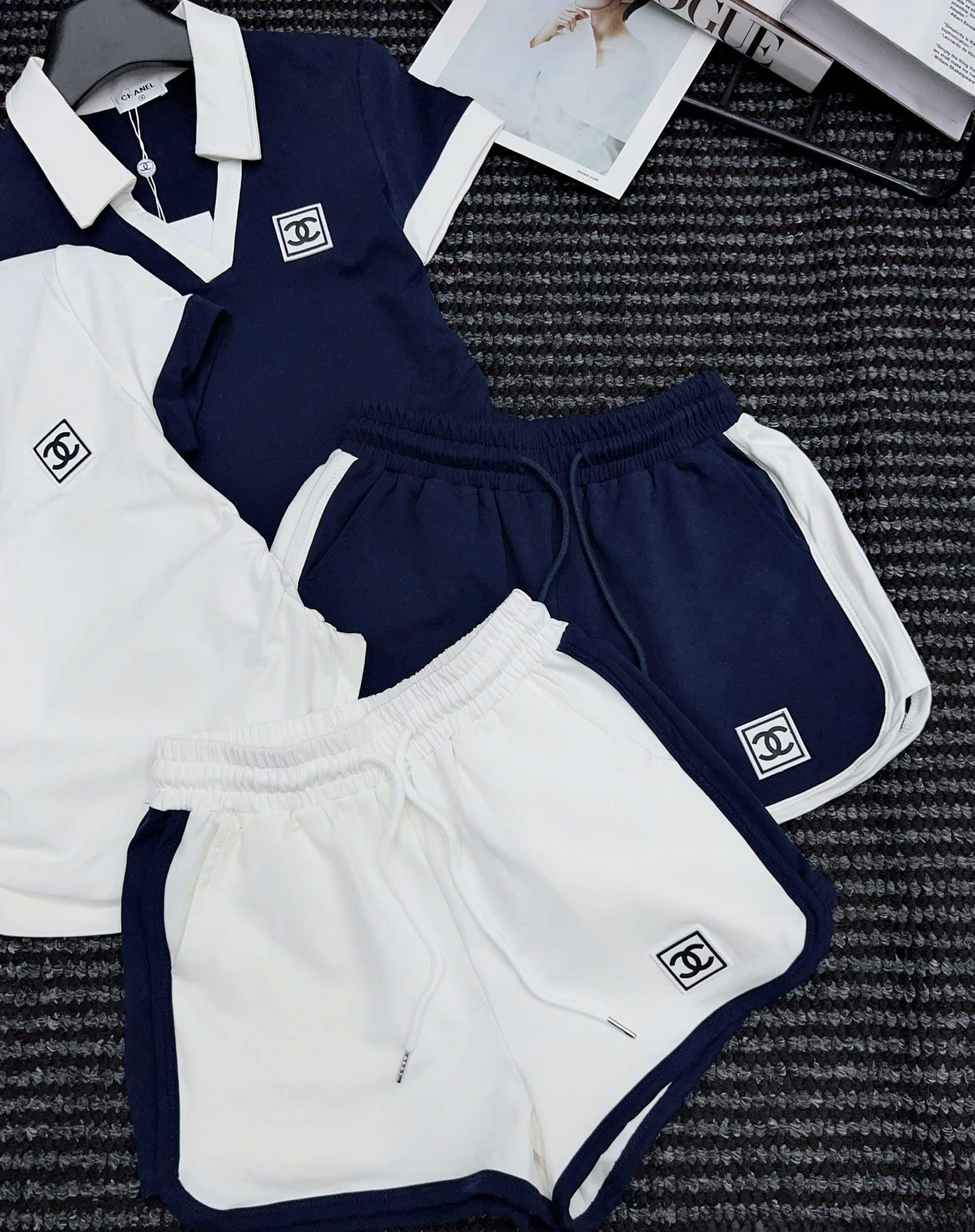 Set bộ thun ngắn Chanel màu trắng xanh navy đậm 10
