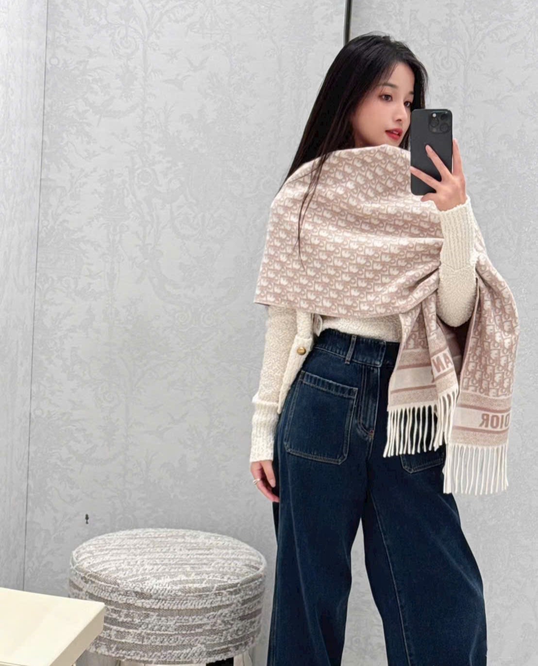 Khăn choàng Dior Oblique Scarf Ecru and Rose des Vents Cashmere 4