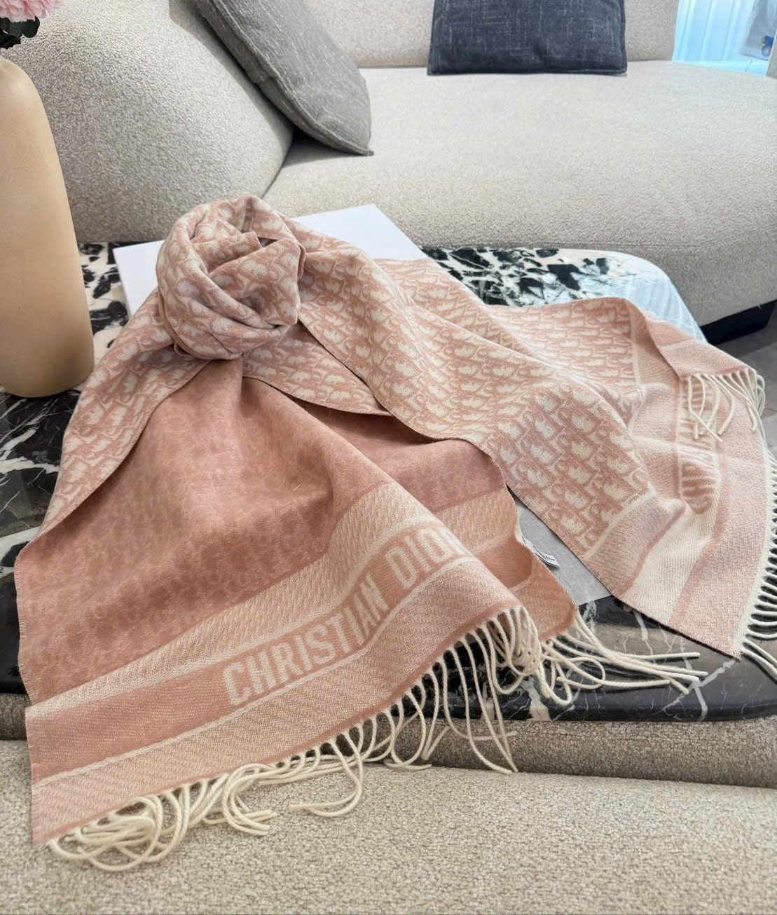 Khăn choàng Dior Oblique Scarf Ecru and Rose des Vents Cashmere 12
