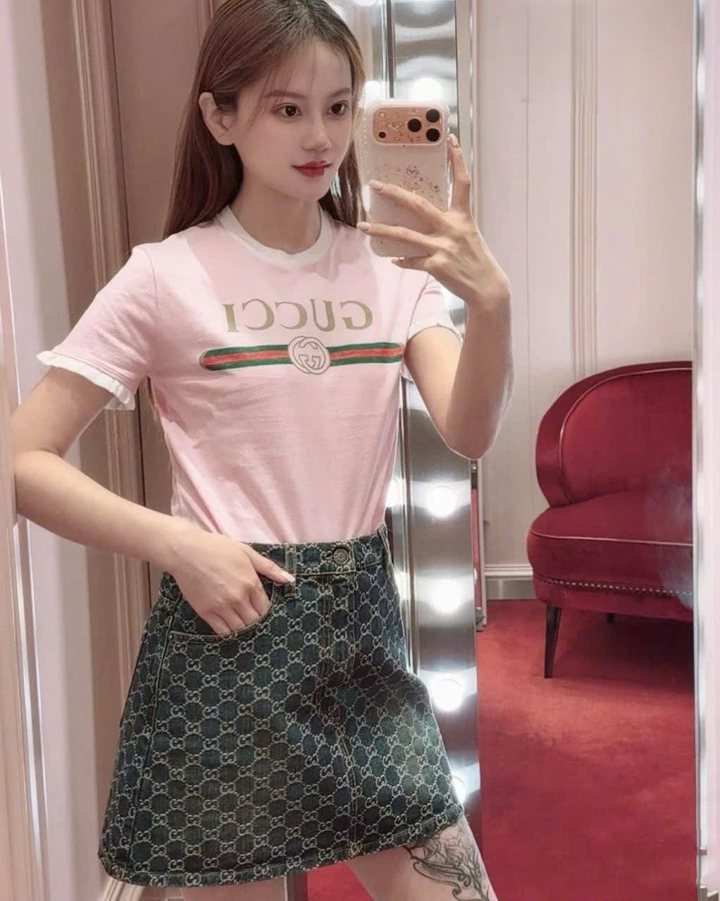 Áo thun Gucci Cotton Jersey T-shirt Gucci Web With Interlocking G Print Light Pink 1