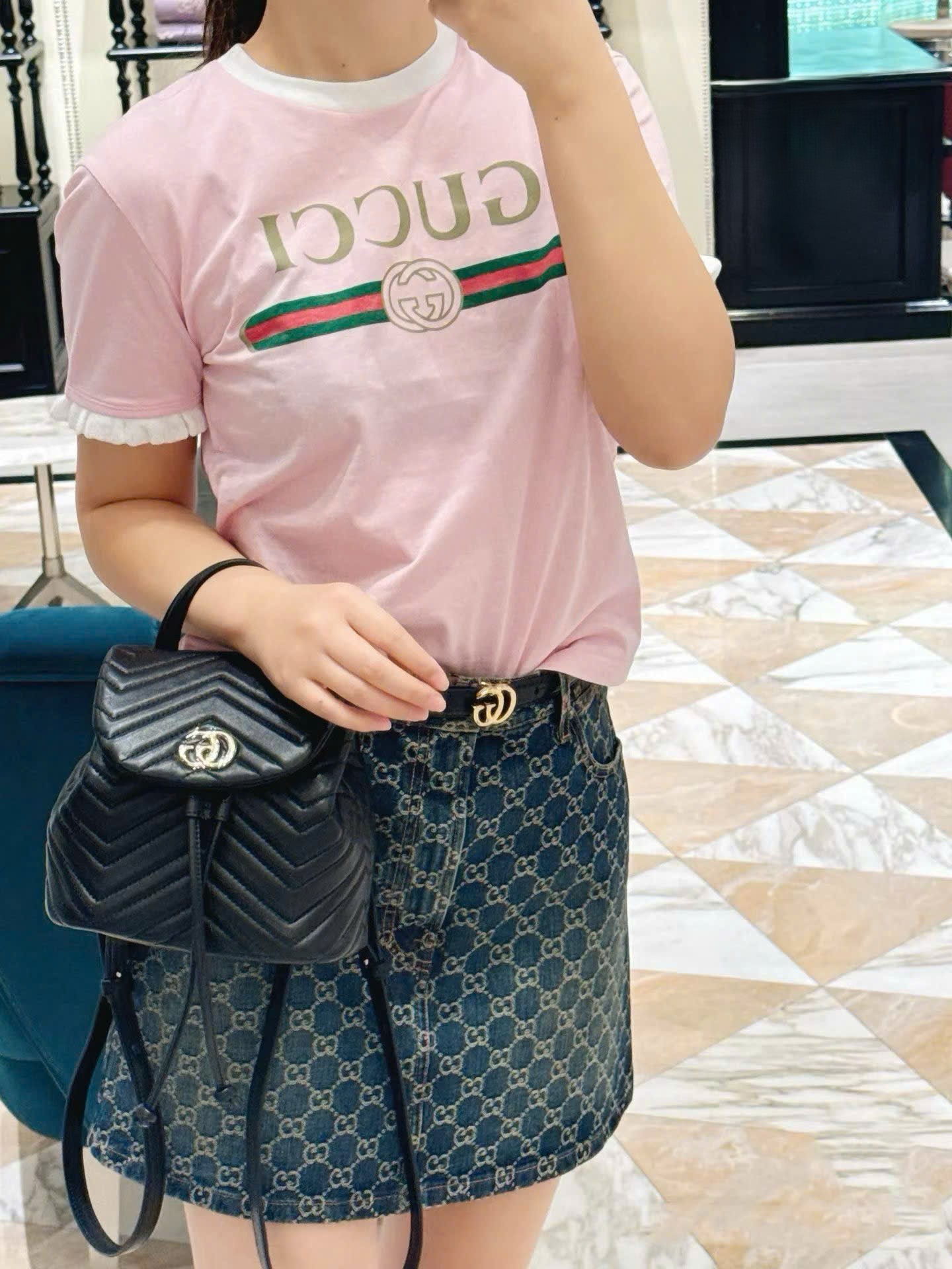 Áo thun Gucci Cotton Jersey T-shirt Gucci Web With Interlocking G Print Light Pink 5