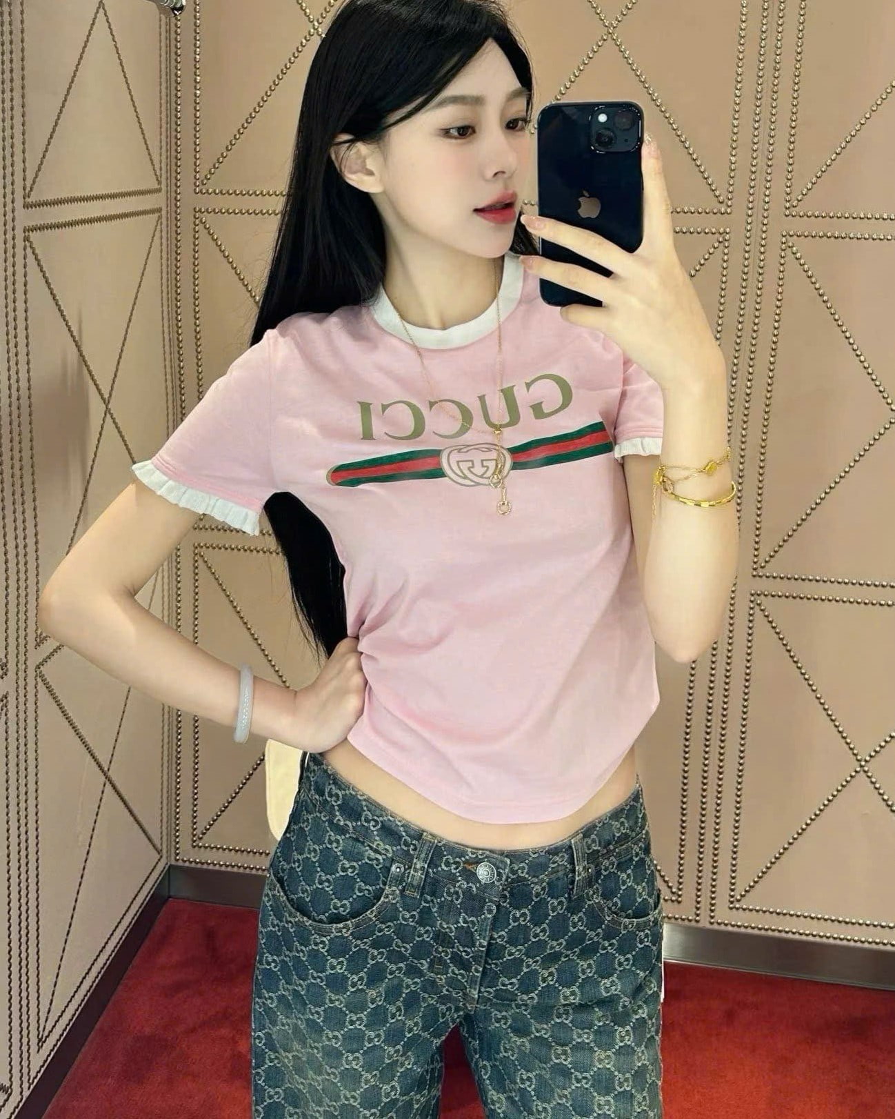 Áo thun Gucci Cotton Jersey T-shirt Gucci Web With Interlocking G Print Light Pink 6