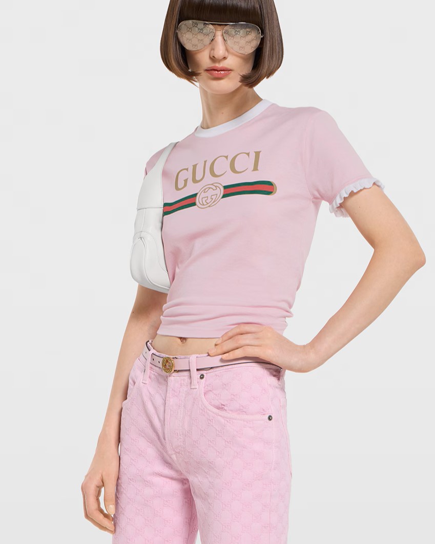 Áo thun Gucci Cotton Jersey T-shirt Gucci Web With Interlocking G Print Light Pink 7