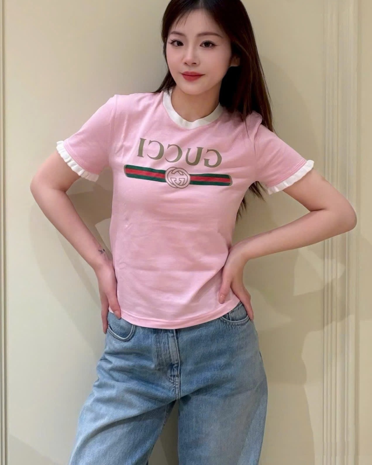Áo thun Gucci Cotton Jersey T-shirt Gucci Web With Interlocking G Print Light Pink 11