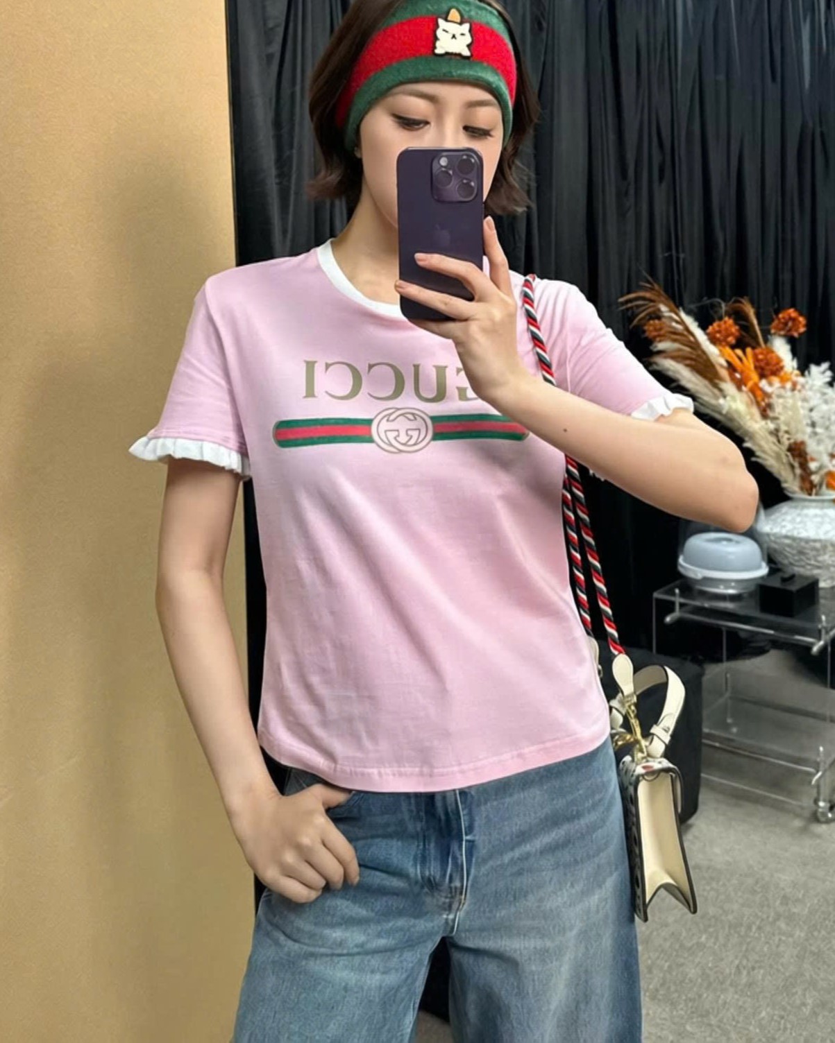 Áo thun Gucci Cotton Jersey T-shirt Gucci Web With Interlocking G Print Light Pink 14