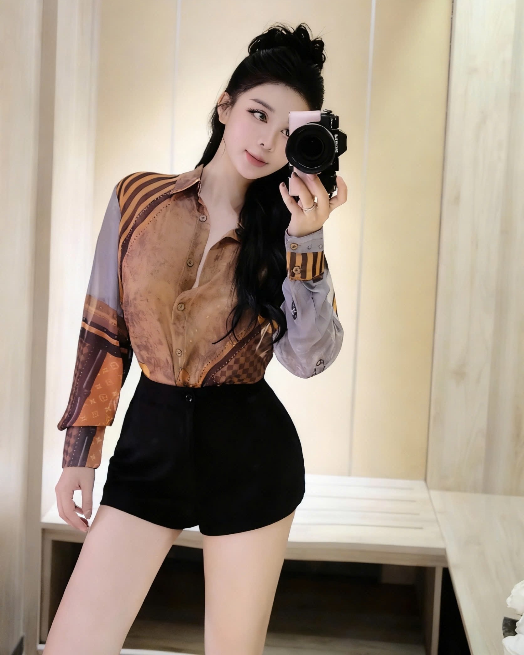 Áo sơ mi lụa tay dài màu nâu LV 1