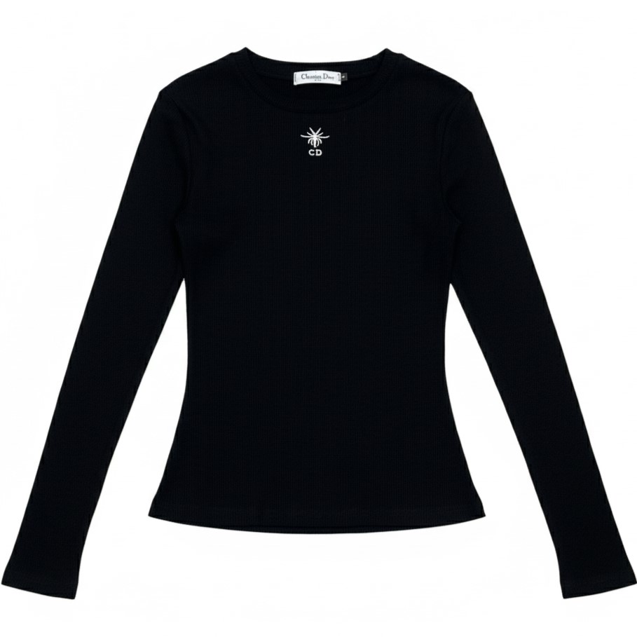 Áo thun ôm tay dài cổ tròn trắng đen Dior 2