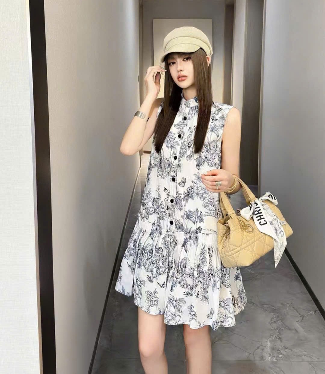 Đầm Dior Straight Dress With Ruffles Dioriviera White and blue Toile de Jouy Palms Cotton and Silk Poplin 3