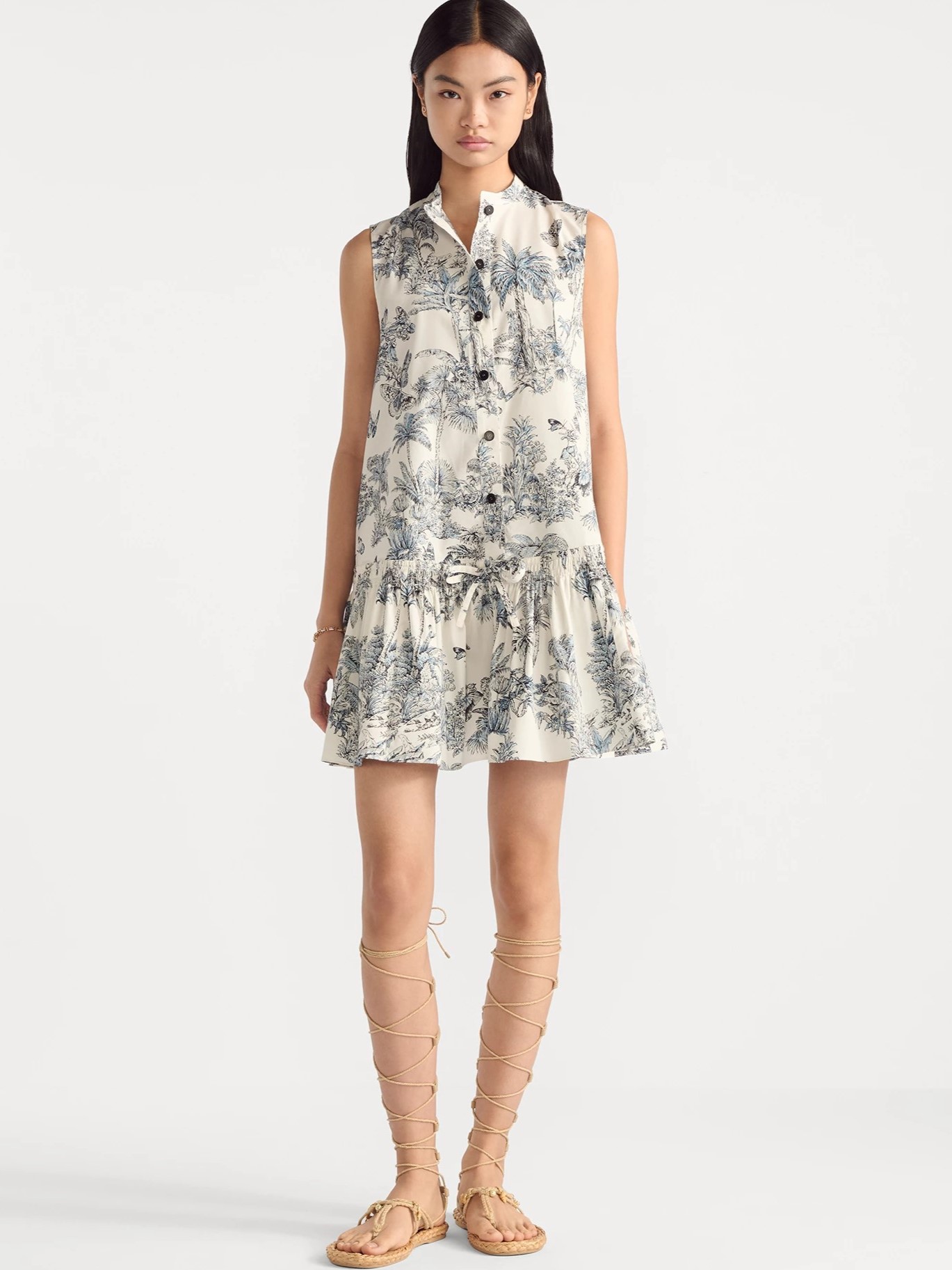 Đầm Dior Straight Dress With Ruffles Dioriviera White and blue Toile de Jouy Palms Cotton and Silk Poplin 4