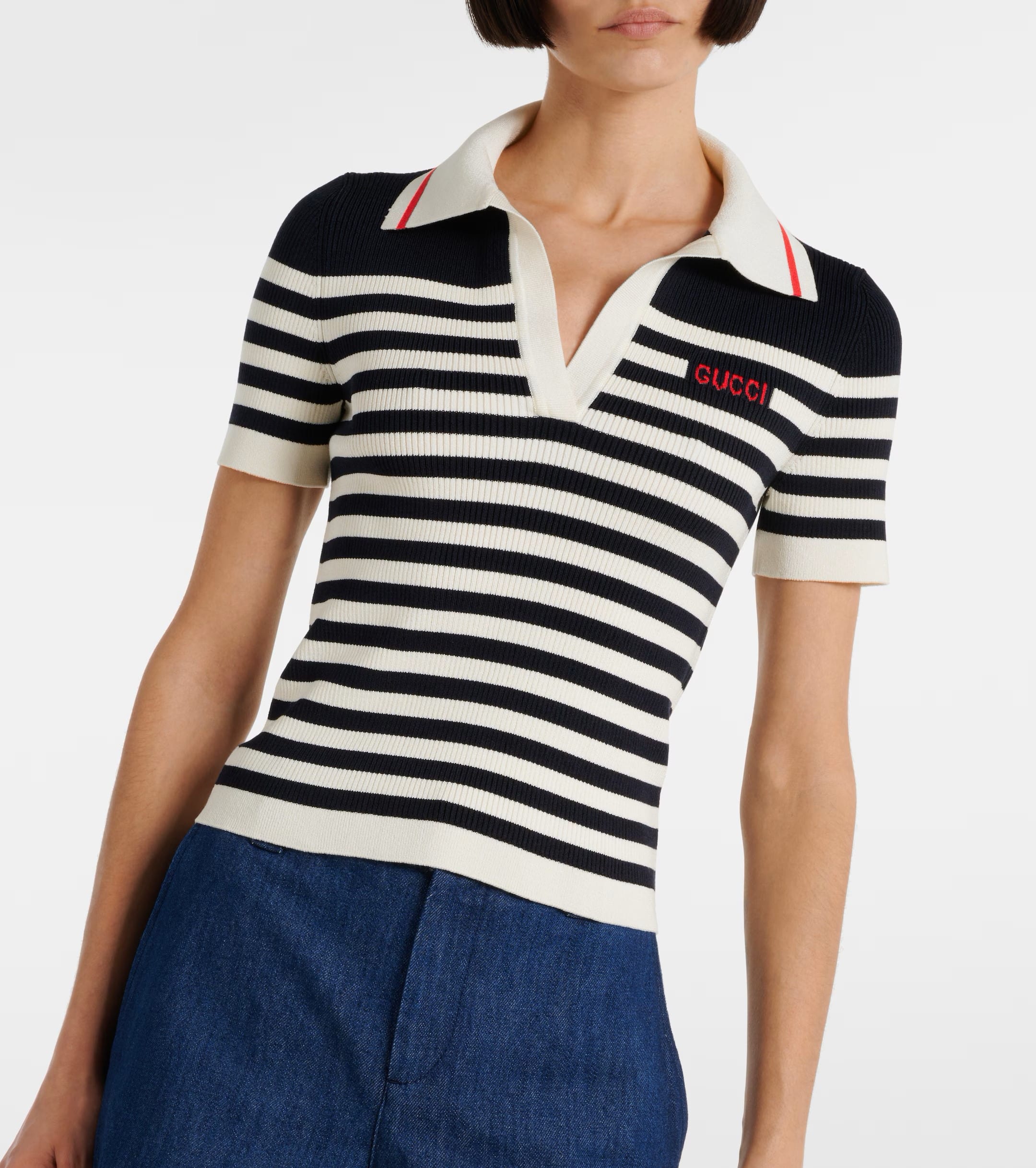 ÁO THUN NỮ GUCCI LOGO STRIPED COTTON-BLEND POLO SHIRT 3