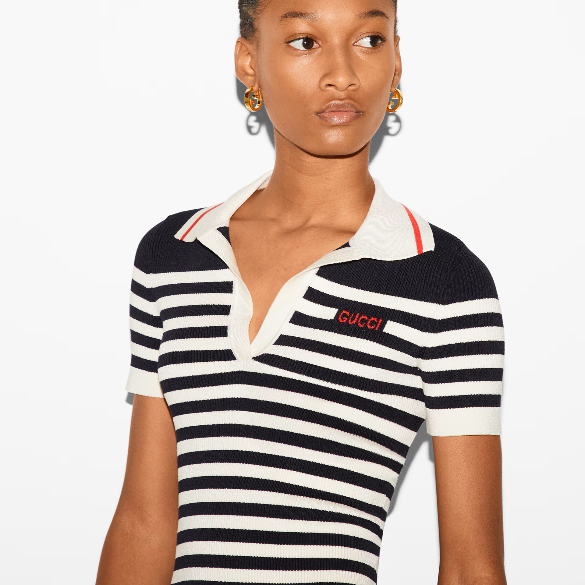 ÁO THUN NỮ GUCCI LOGO STRIPED COTTON-BLEND POLO SHIRT 7