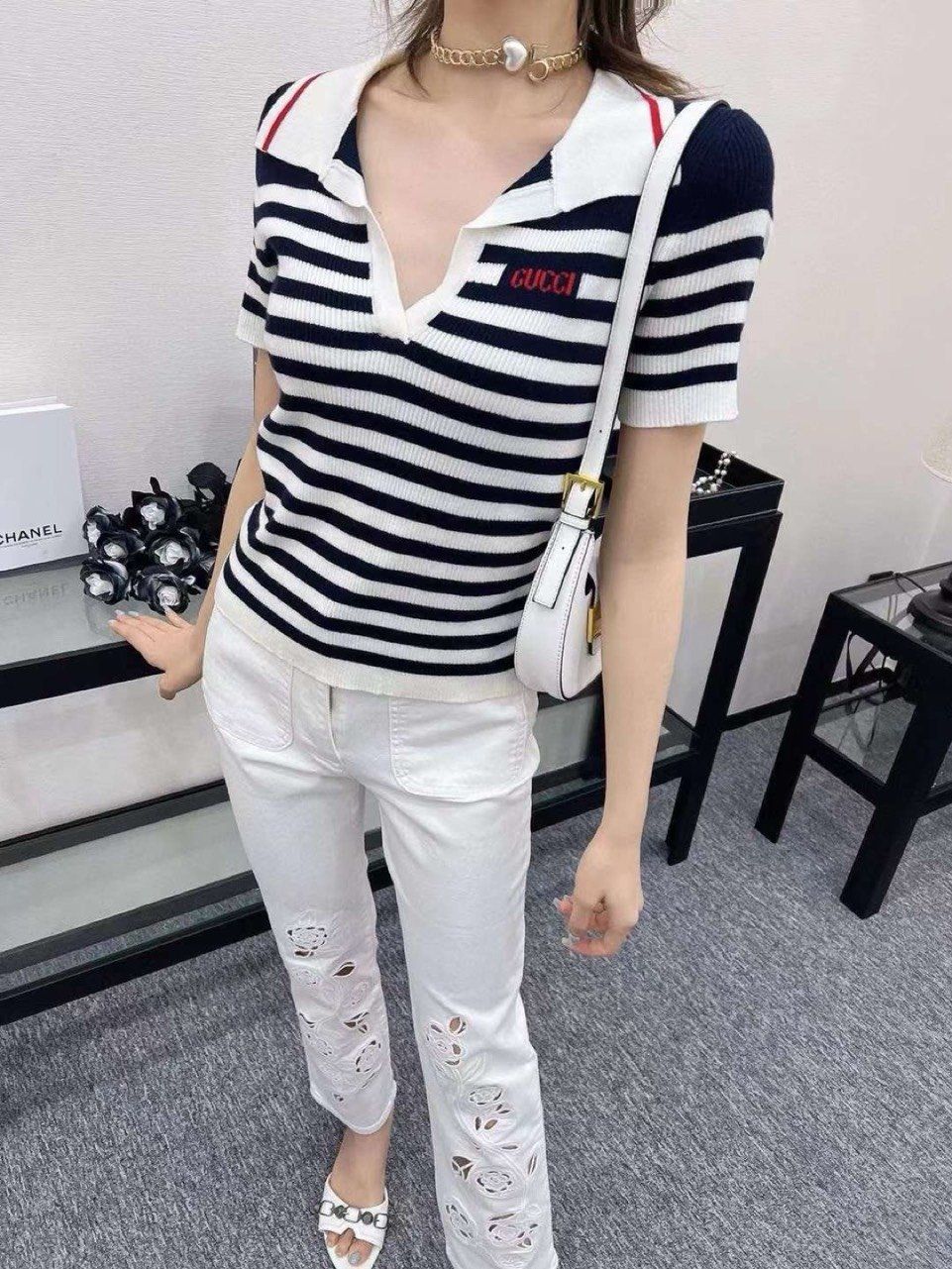 ÁO THUN NỮ GUCCI LOGO STRIPED COTTON-BLEND POLO SHIRT 9