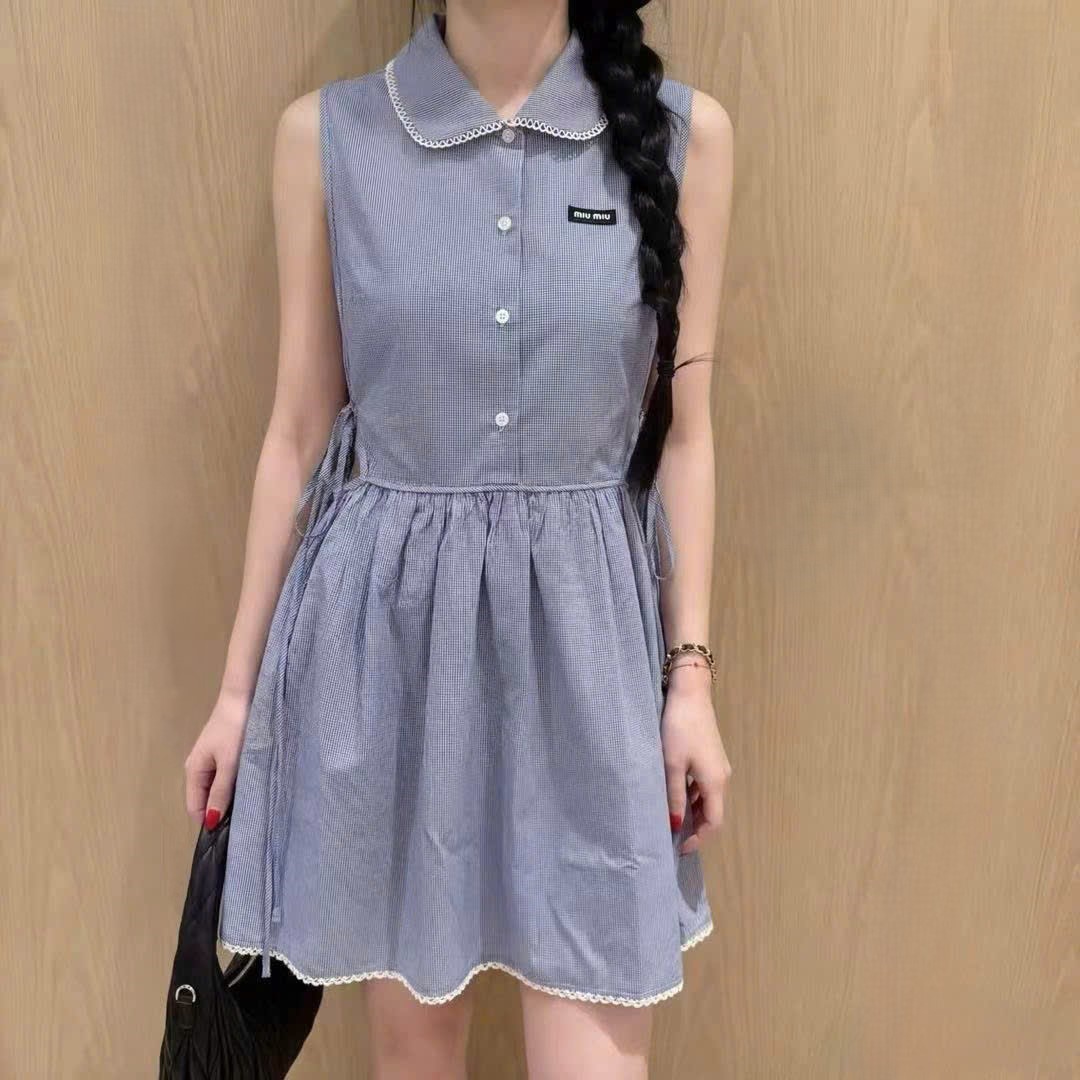 Áo đầm xòe sát nách xanh dương và trắng Miu Miu 3