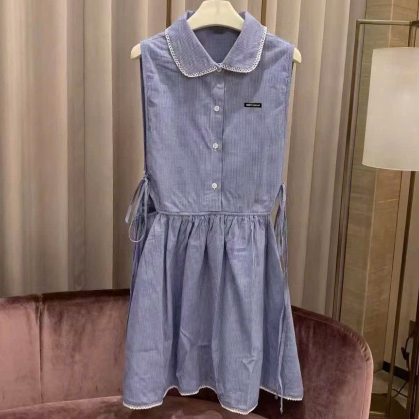 Áo đầm xòe sát nách xanh dương và trắng Miu Miu 4