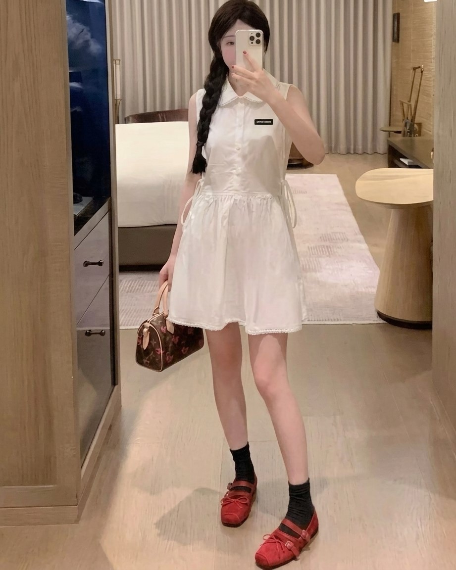 Áo đầm xòe sát nách xanh dương và trắng Miu Miu 5