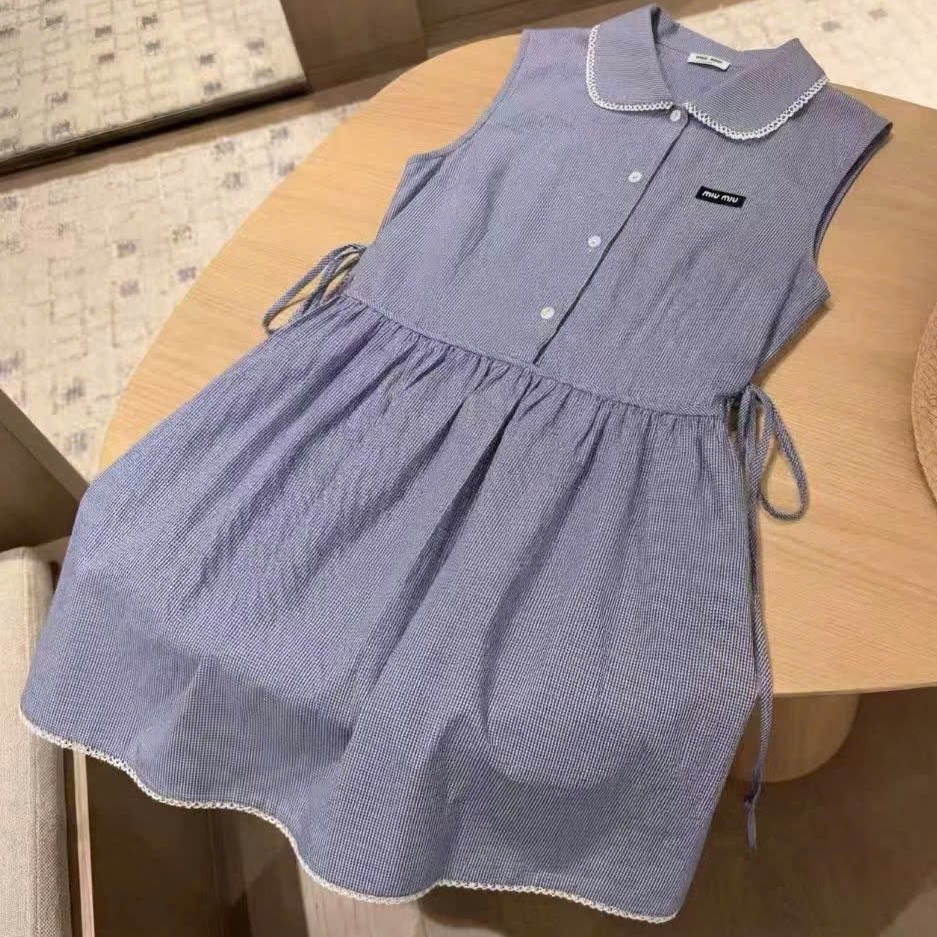 Áo đầm xòe sát nách xanh dương và trắng Miu Miu 2