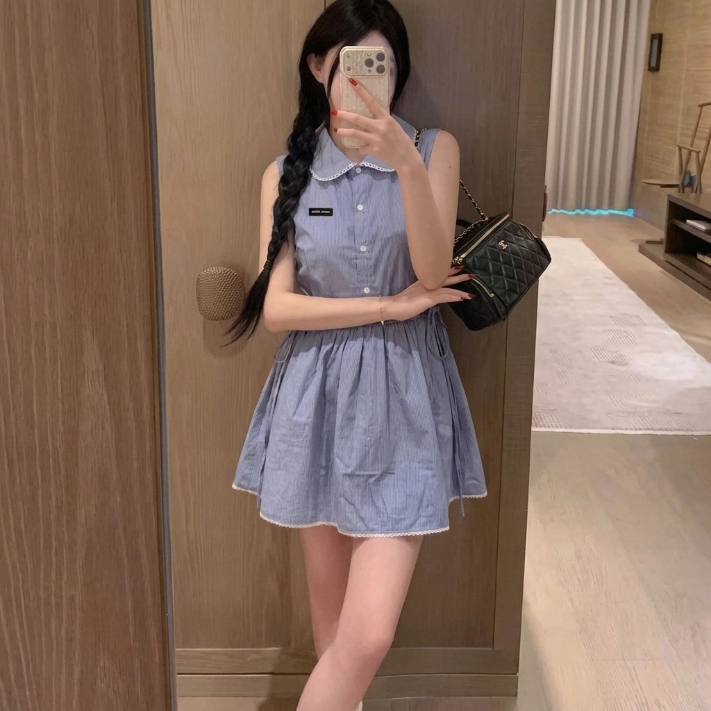 Áo đầm xòe sát nách xanh dương và trắng Miu Miu 7
