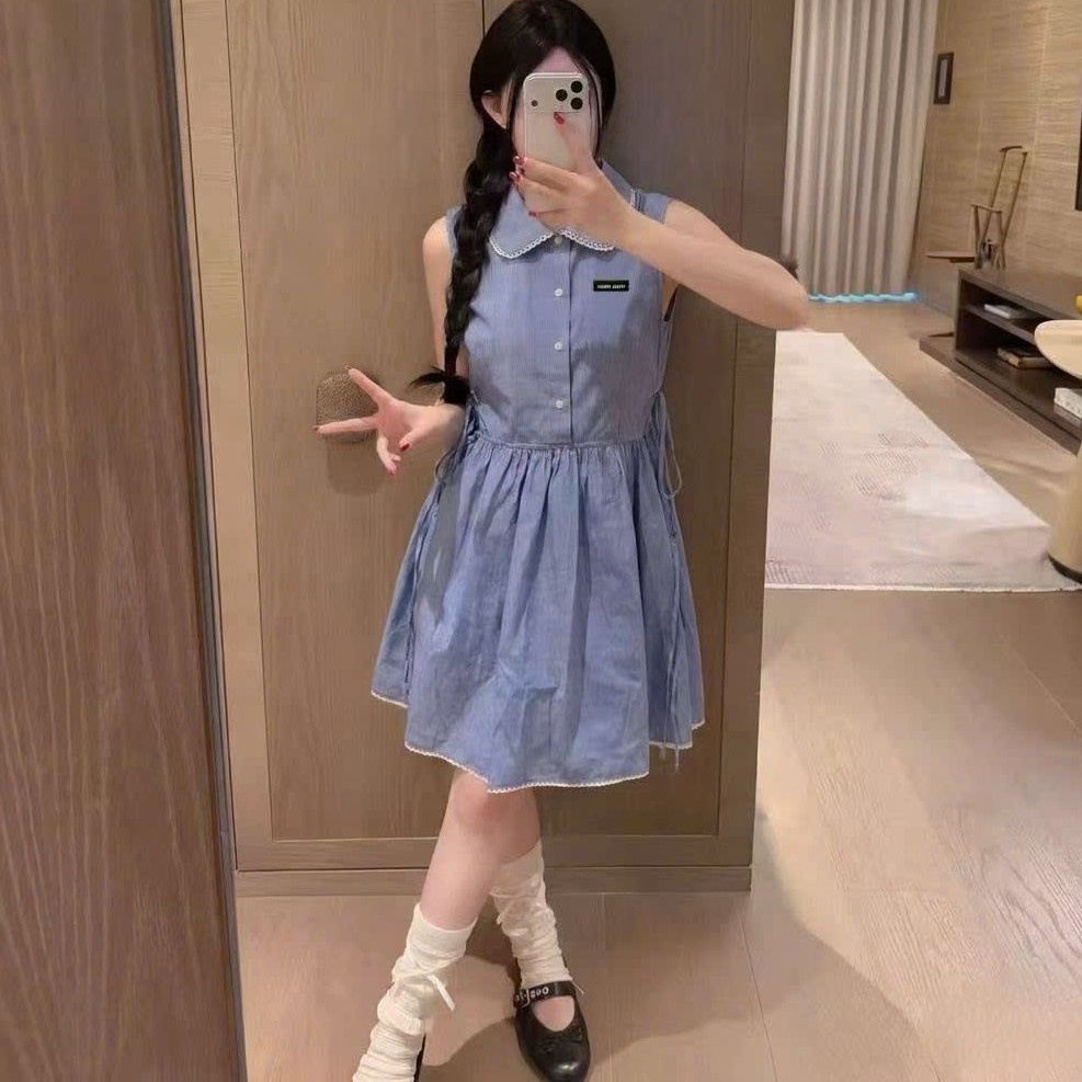 Áo đầm xòe sát nách xanh dương và trắng Miu Miu 8