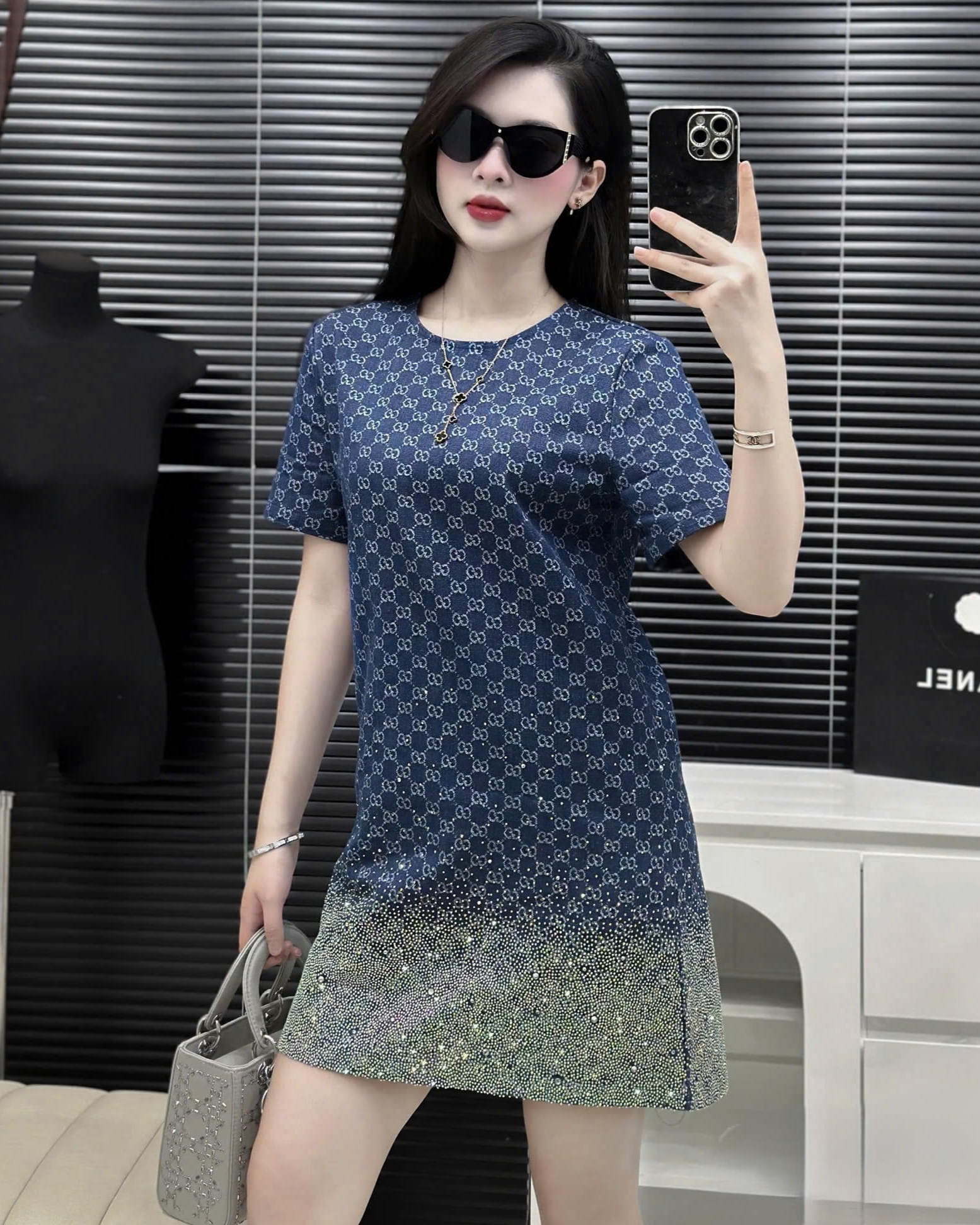 Áo đầm nữ gucci đính đá xanh dương 5