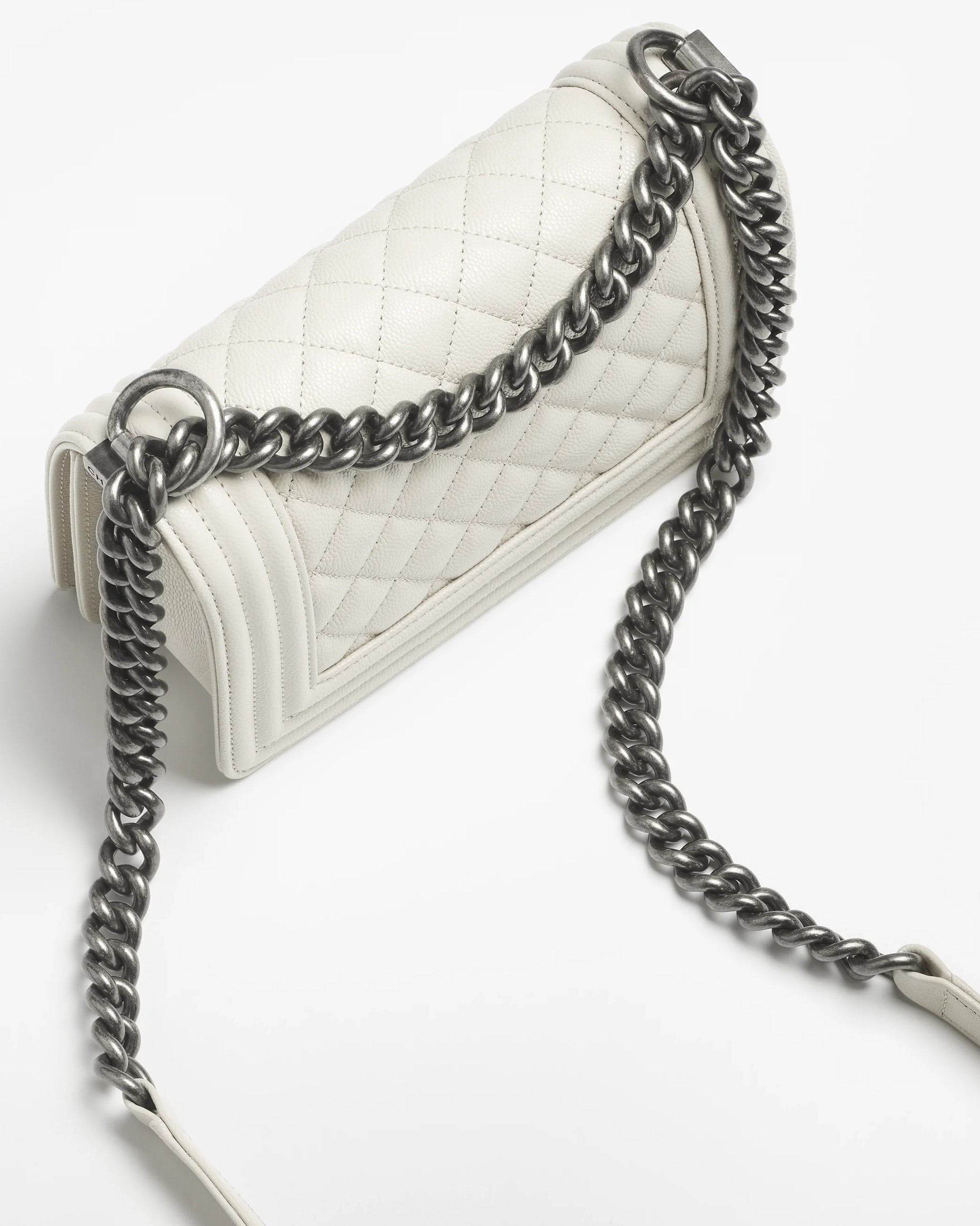 Túi xách Chanel Small Boy Shiny Grained Calfskin Ruthenium-Finish Metal Light Gray 1