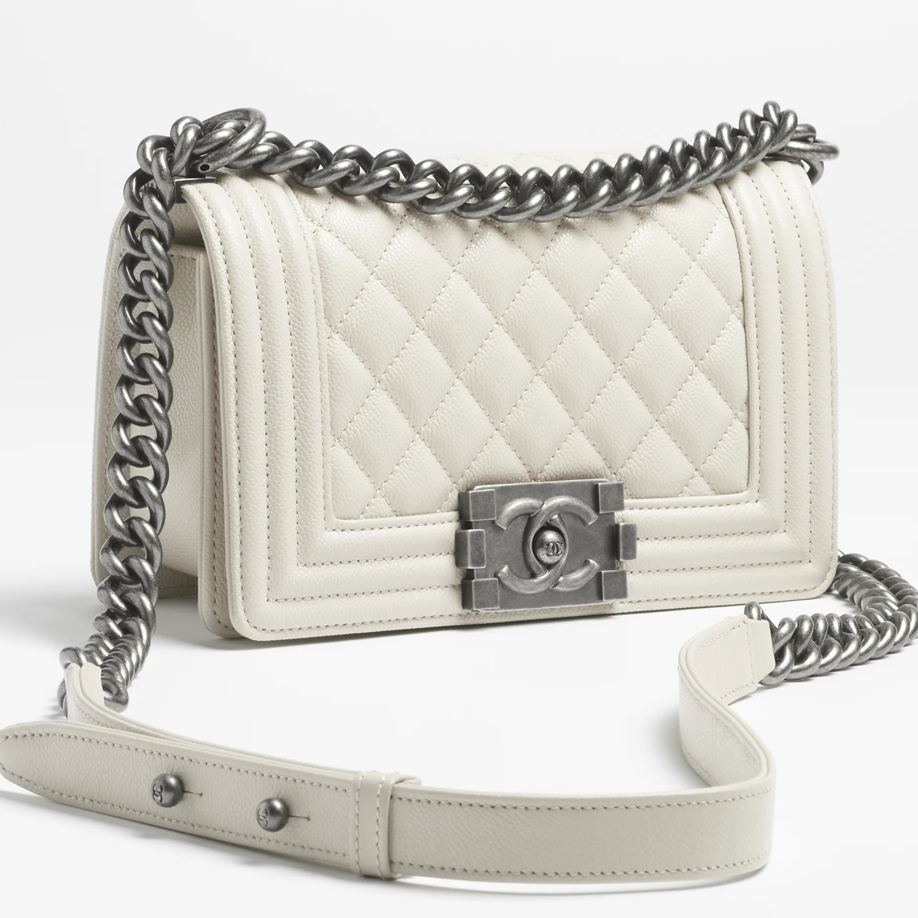 Túi xách Chanel Small Boy Shiny Grained Calfskin Ruthenium-Finish Metal Light Gray 2