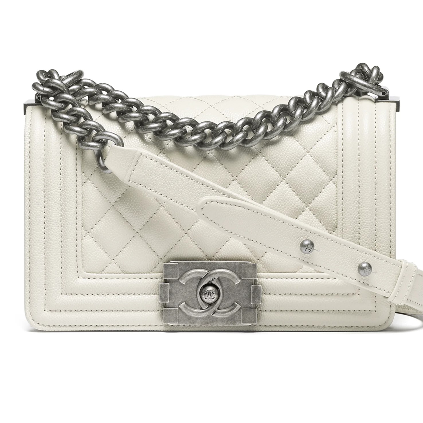 Túi xách Chanel Small Boy Shiny Grained Calfskin Ruthenium-Finish Metal Light Gray 4