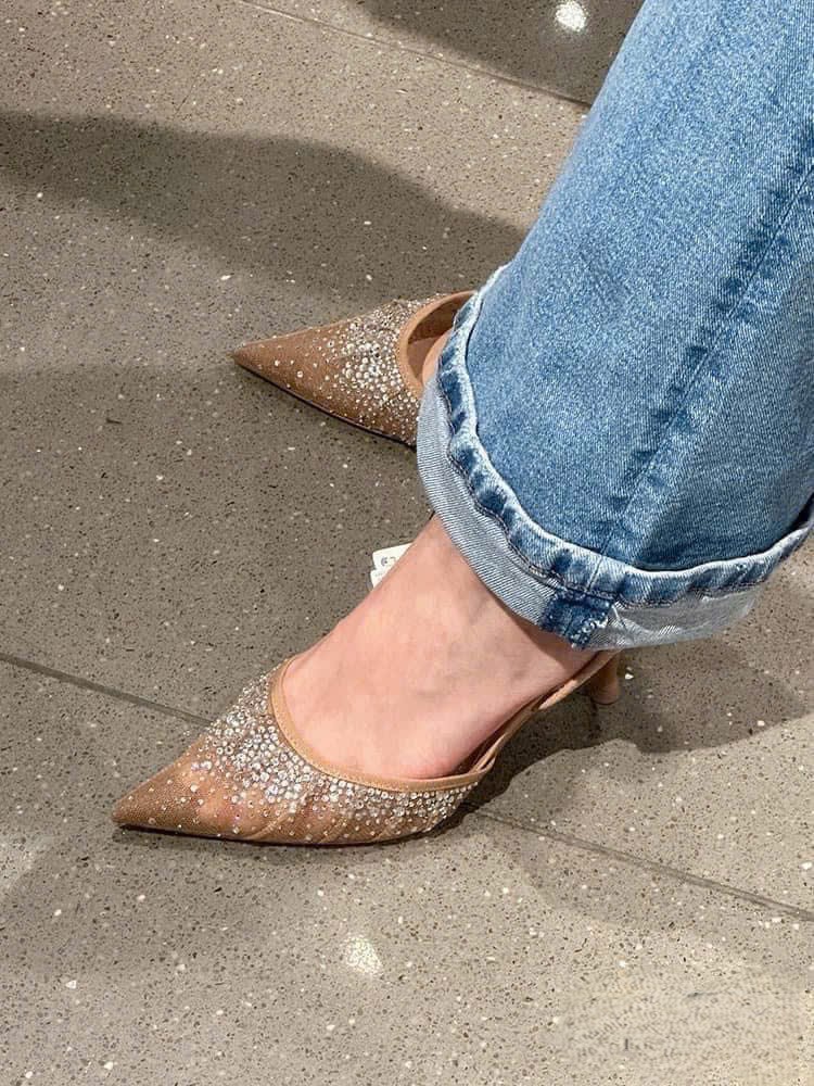 Guốc Zara Mesh Heeled Mules with Back Strap Pointed Toe Pumps 9