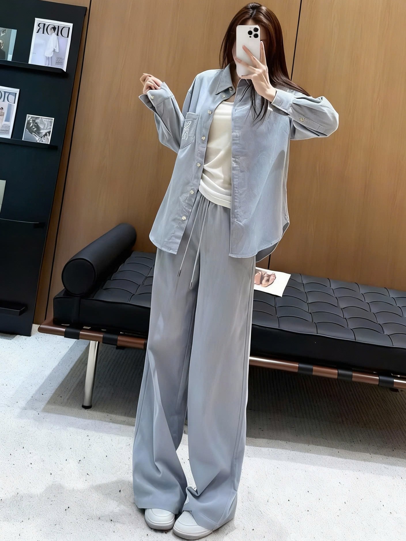 Set áo sơ mi quần dài xanh trắng Loewe 6
