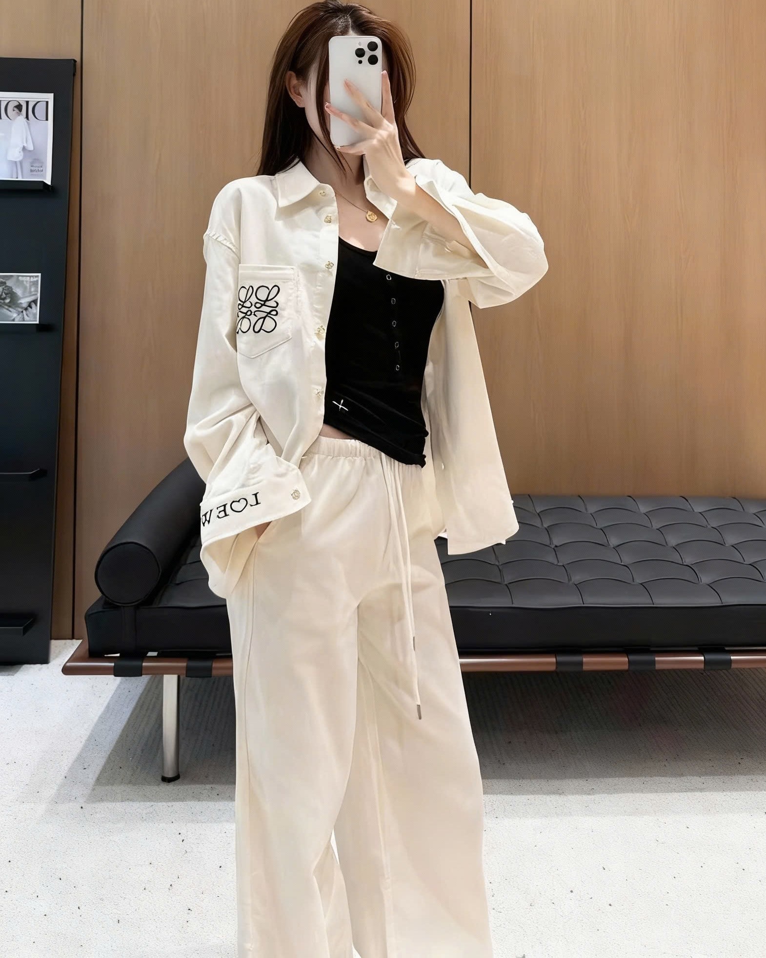Set áo sơ mi quần dài xanh trắng Loewe 10