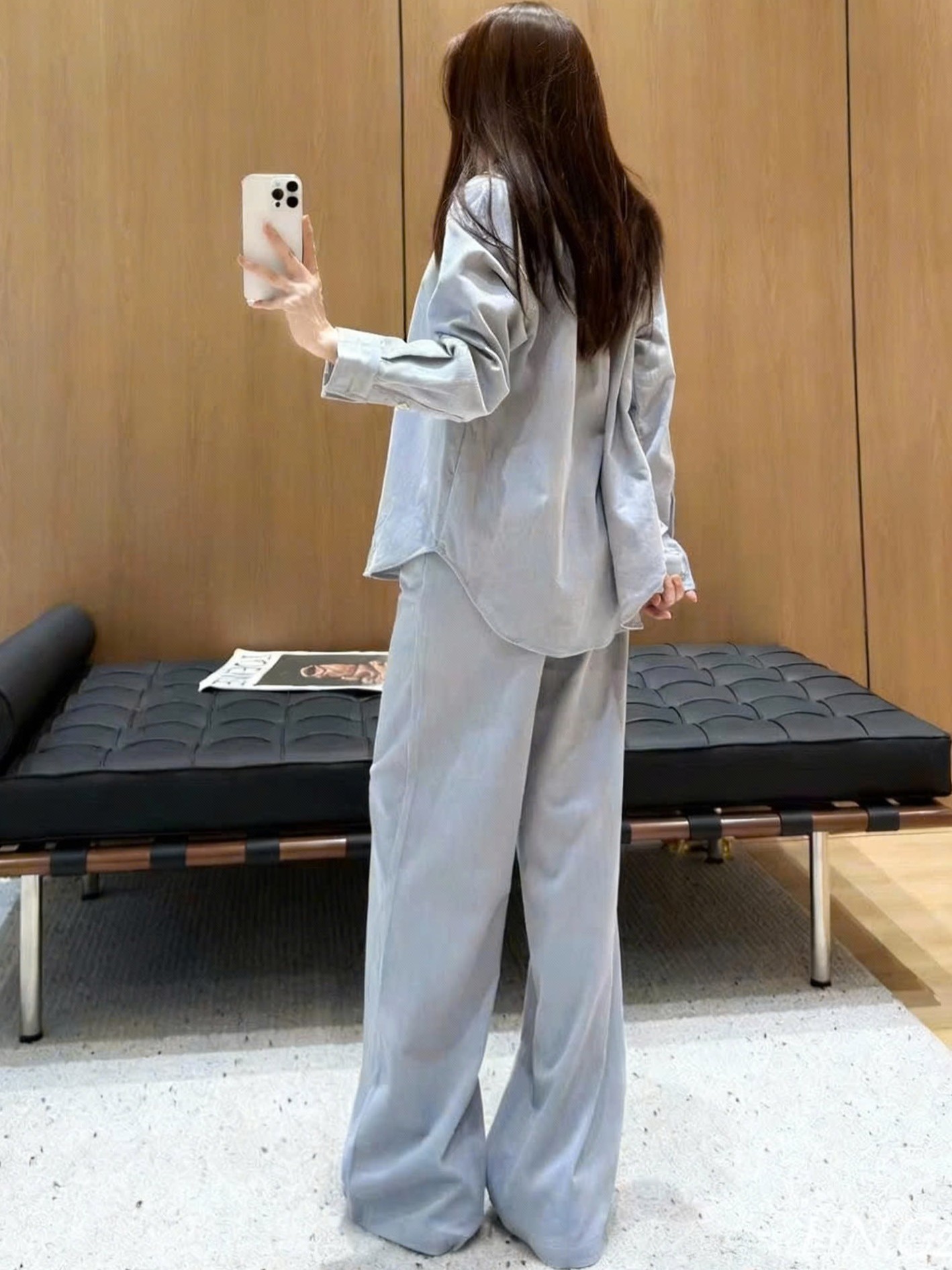 Set áo sơ mi quần dài xanh trắng Loewe 14