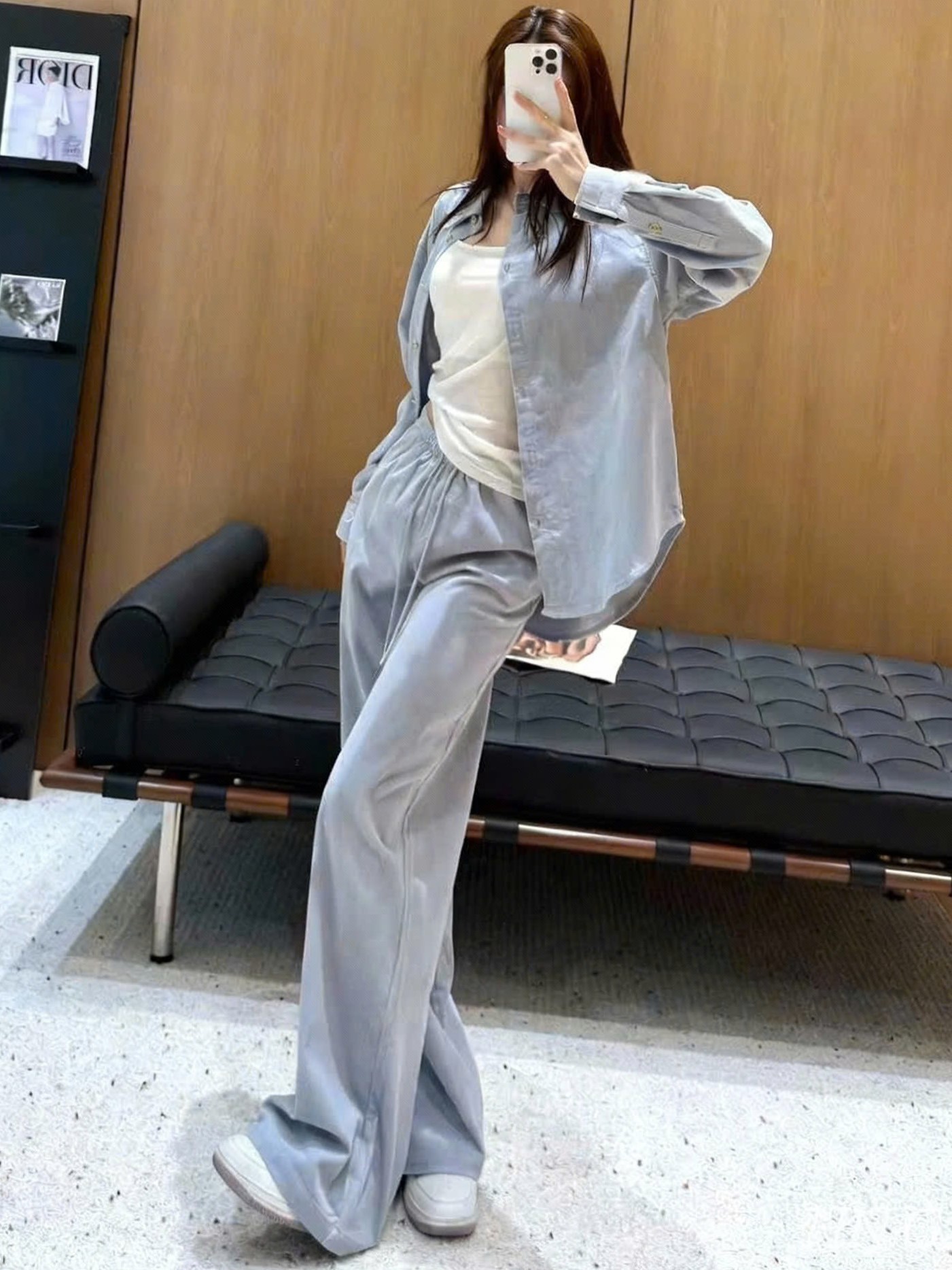 Set áo sơ mi quần dài xanh trắng Loewe 16