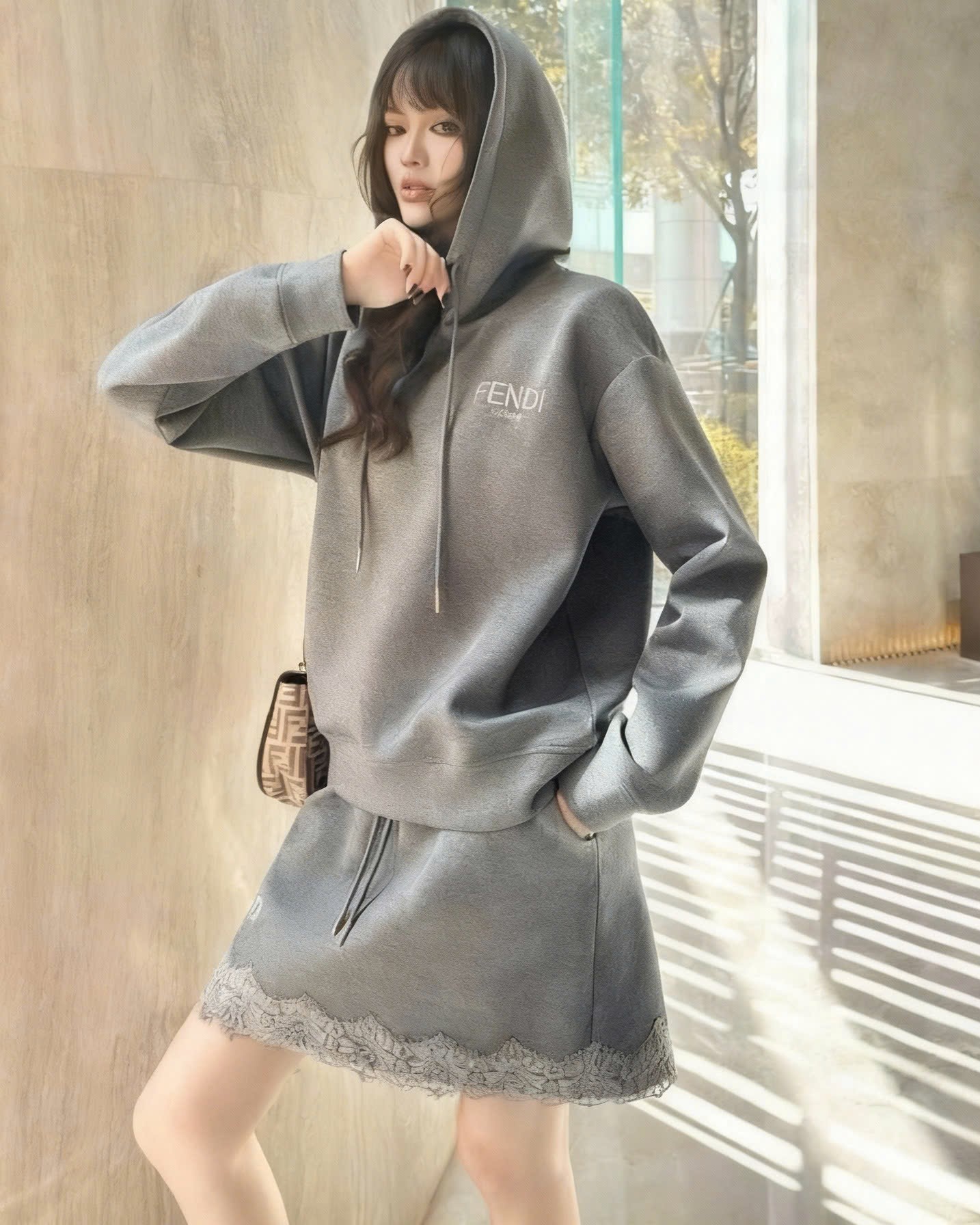 Set áo có nón váy phối ren xám Fendi 2