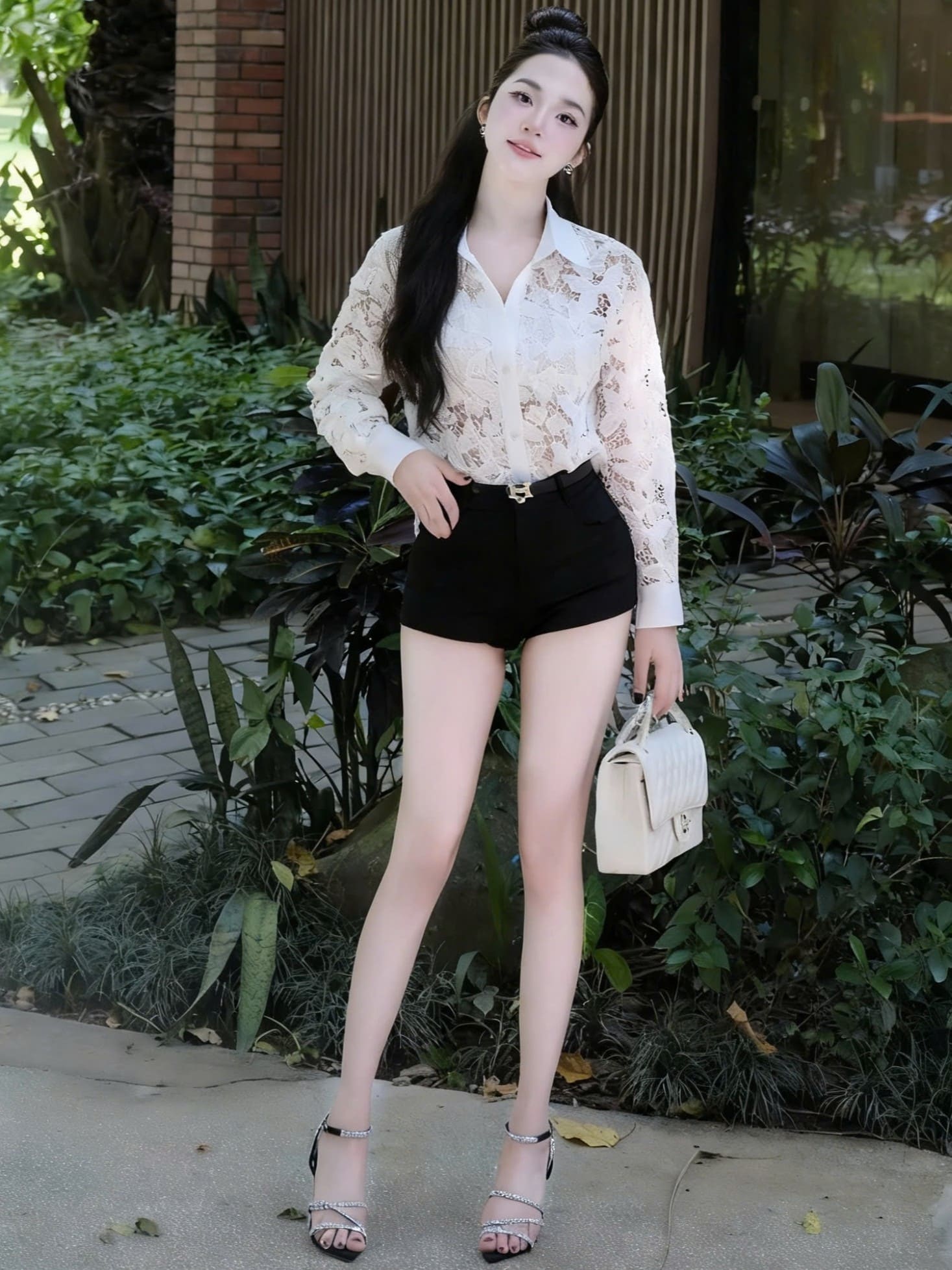 Áo sơ mi nữ ren trắng đen Dior 8