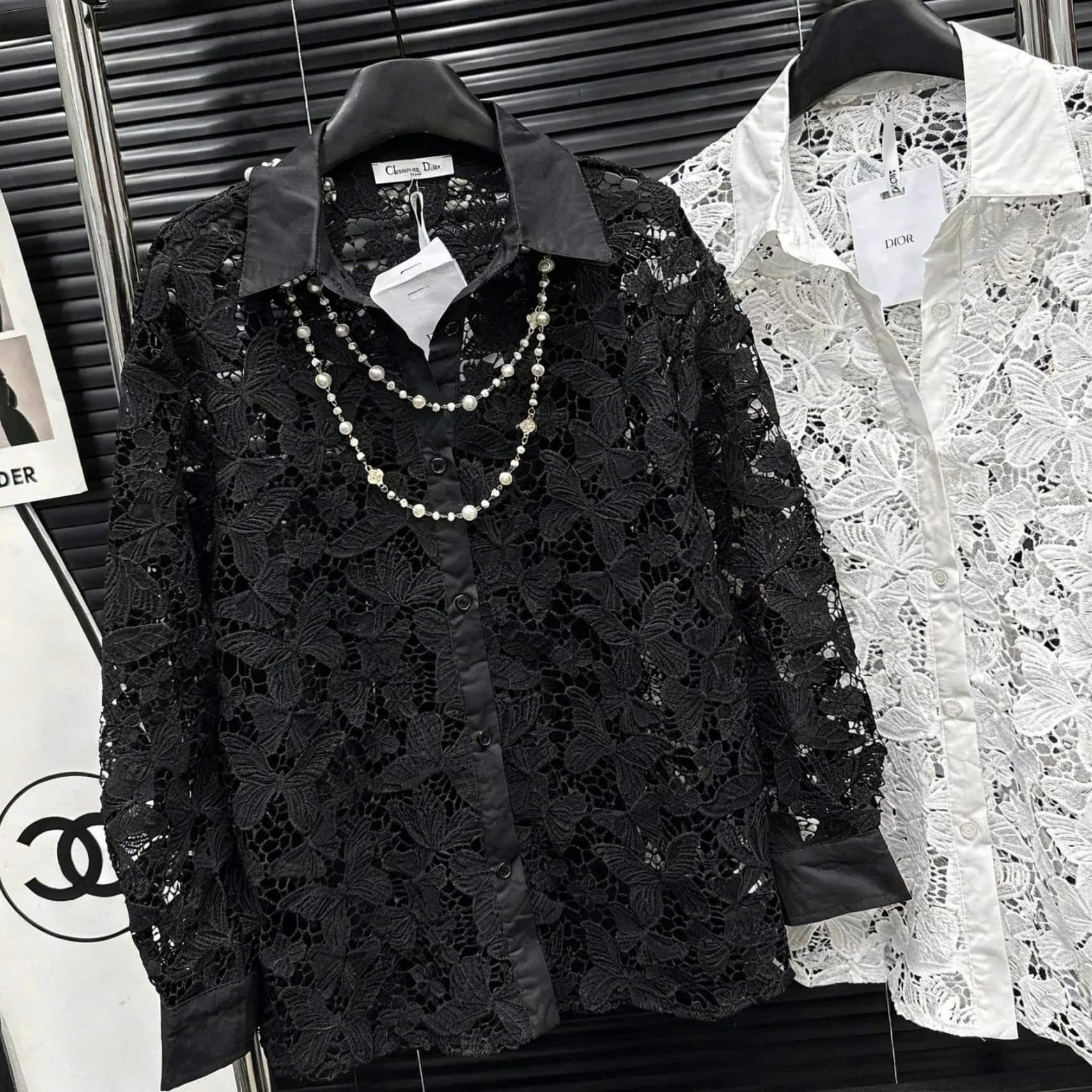 Áo sơ mi nữ ren trắng đen Dior 10