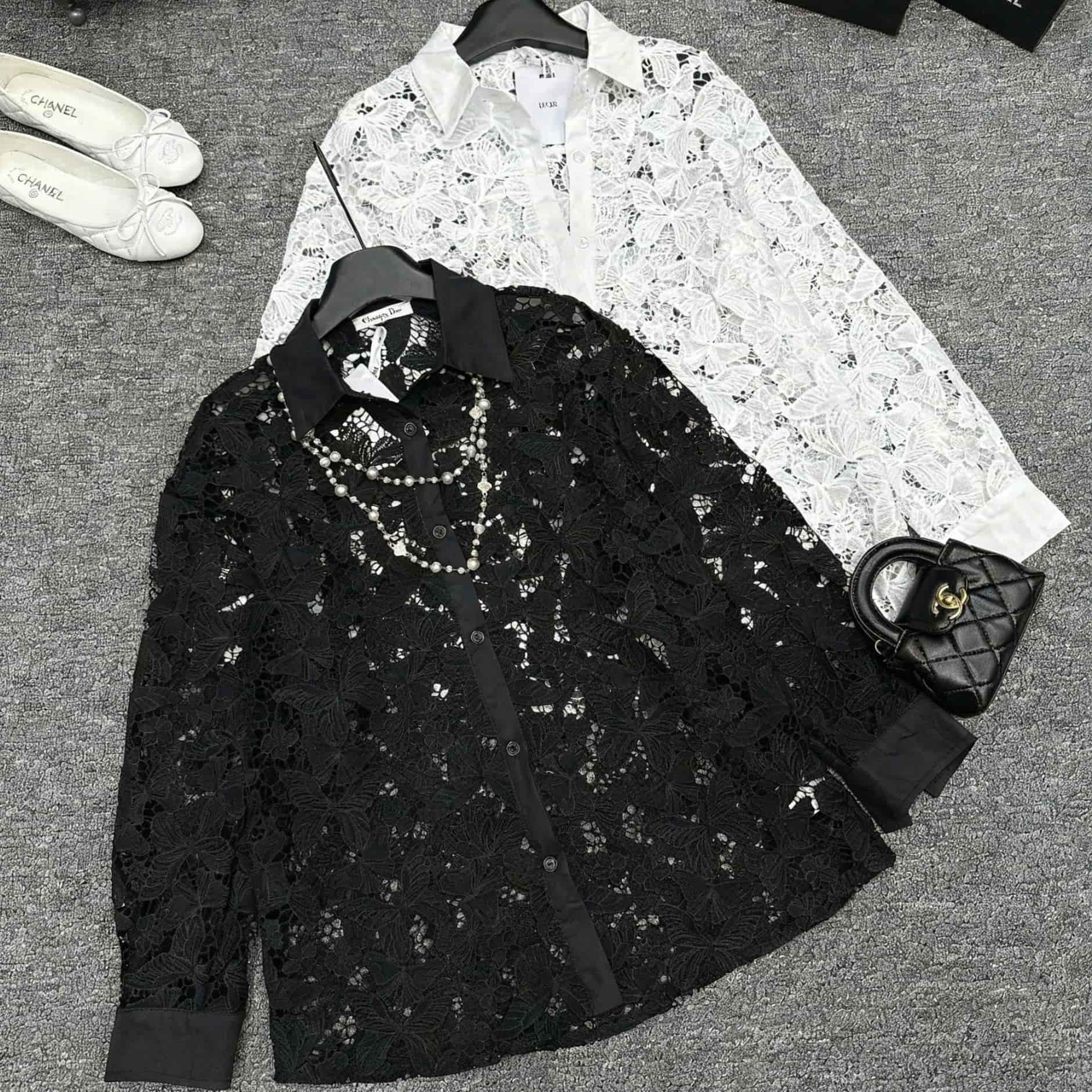 Áo sơ mi nữ ren trắng đen Dior 15