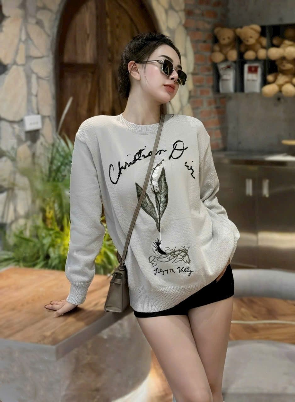 ÁO THUN DIOR LILY OF THE VALLEY SWEATER GRAY COTTON-BLEND JERSEY 7