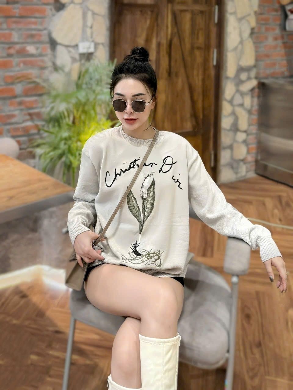 ÁO THUN DIOR LILY OF THE VALLEY SWEATER GRAY COTTON-BLEND JERSEY 6