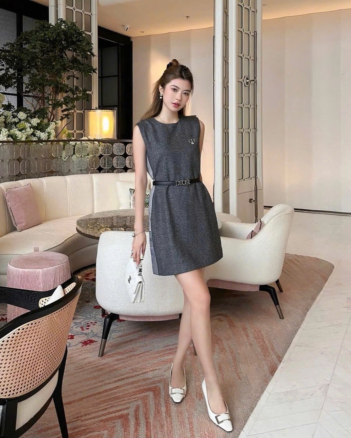 Áo đầm sát nách nữ Dior đen xám 3