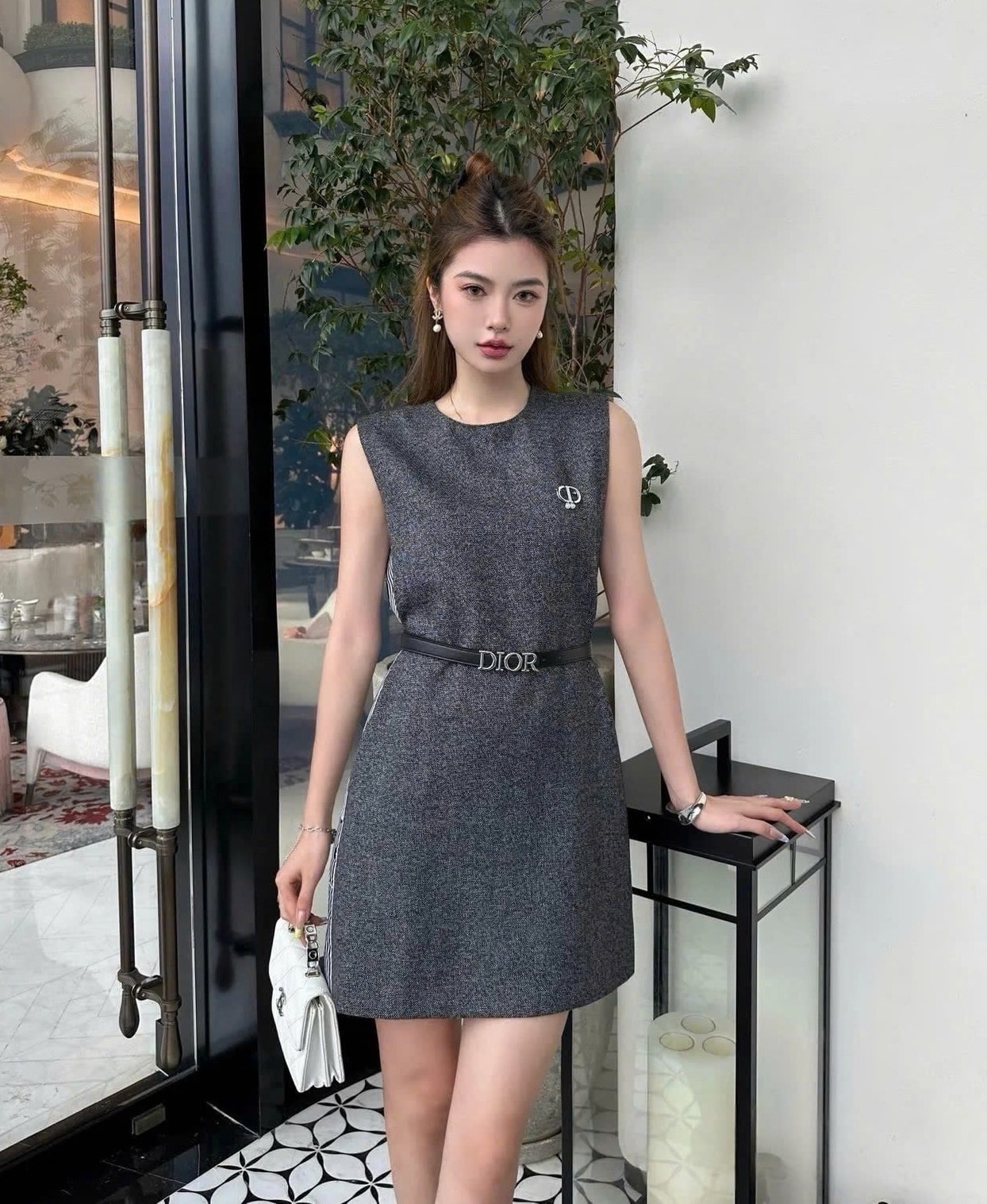 Áo đầm sát nách nữ Dior đen xám 9