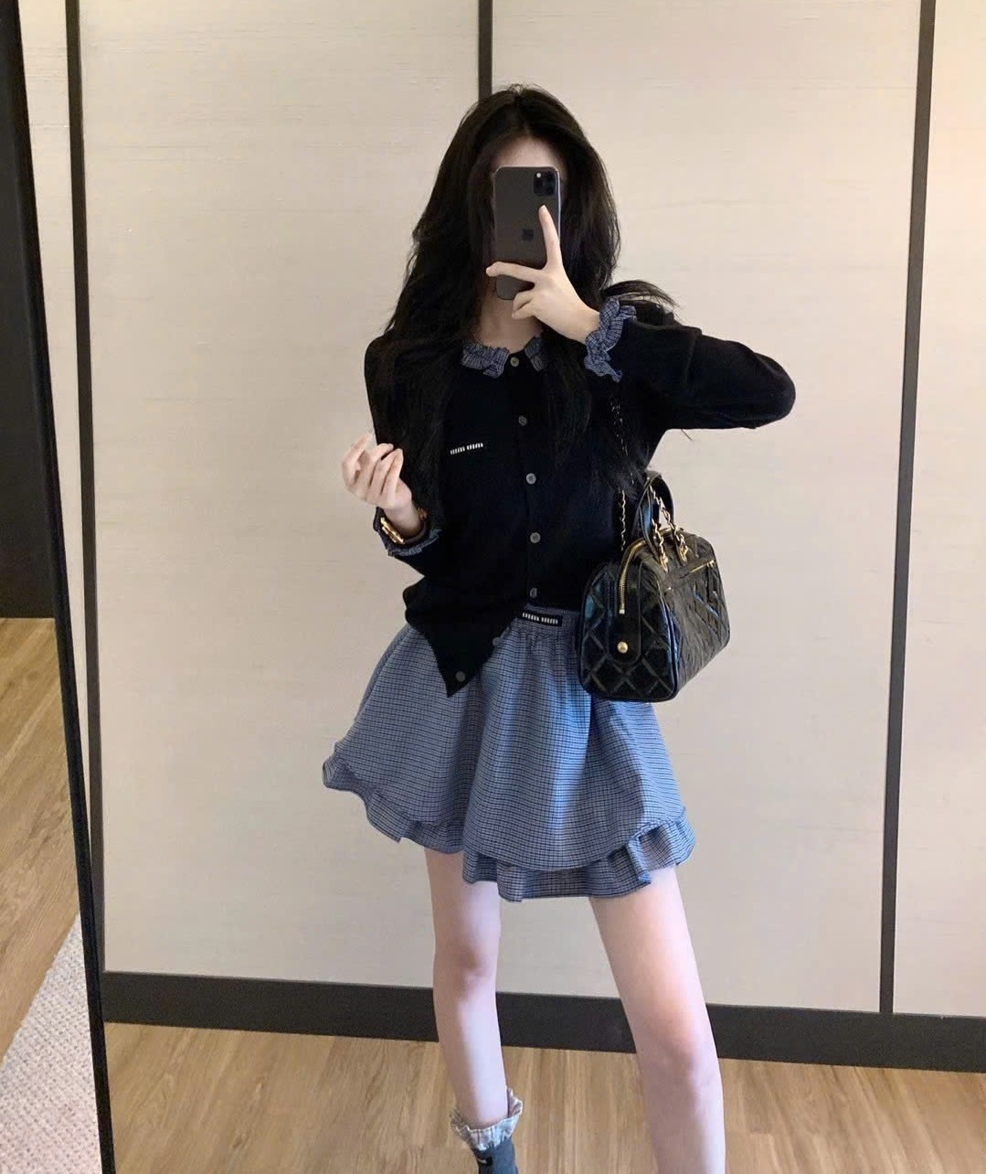 Set bộ áo len thun váy vải ngắn xanh dương Miu Miu 1