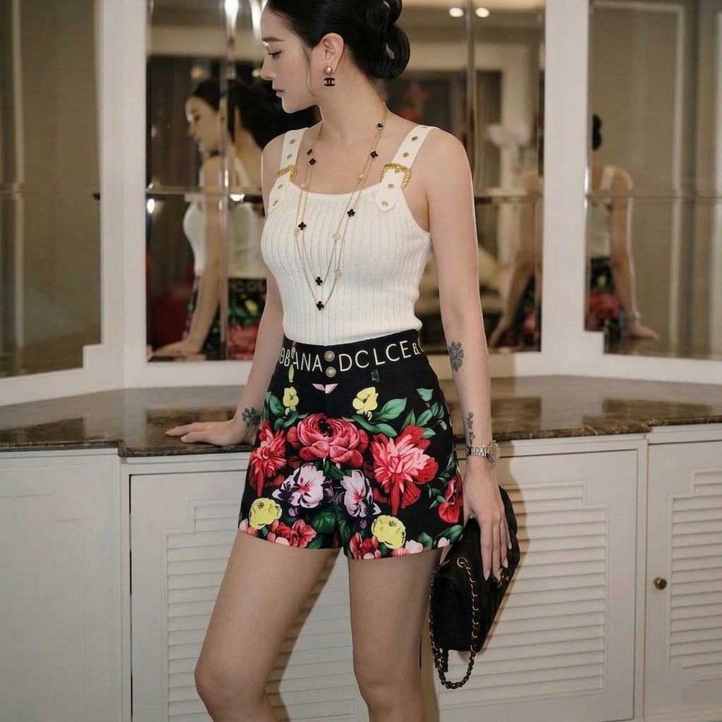 Set áo thun hai dây Versace với quần short hoa D&G 1