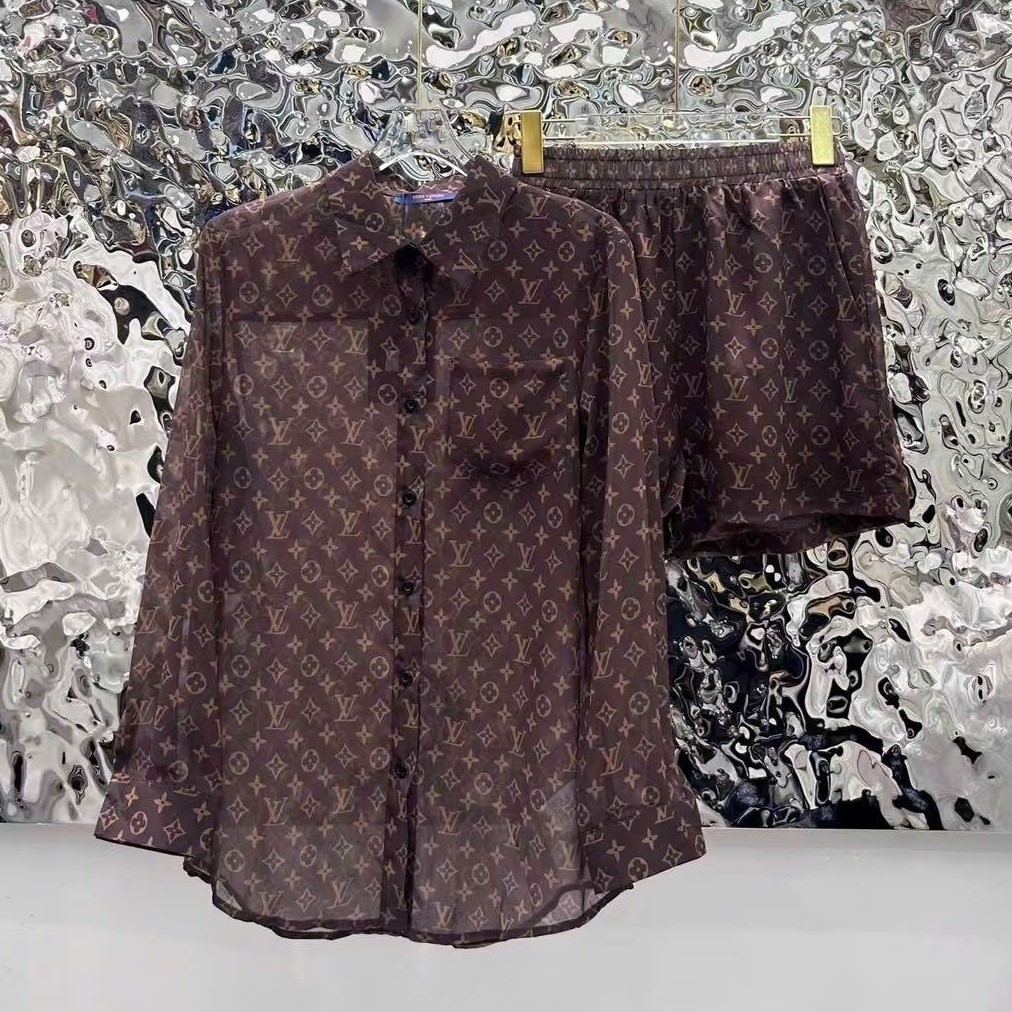 Set áo sơ mi quần short nâu LV 1