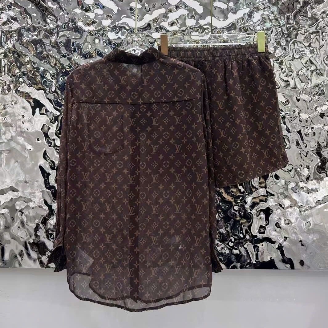 Set áo sơ mi quần short nâu LV 5