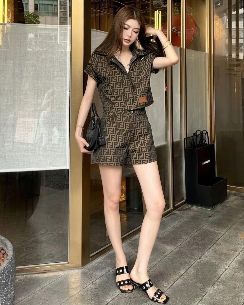 Set bộ thời trang áo có nón quần short họa tiết hãng Fendi 3
