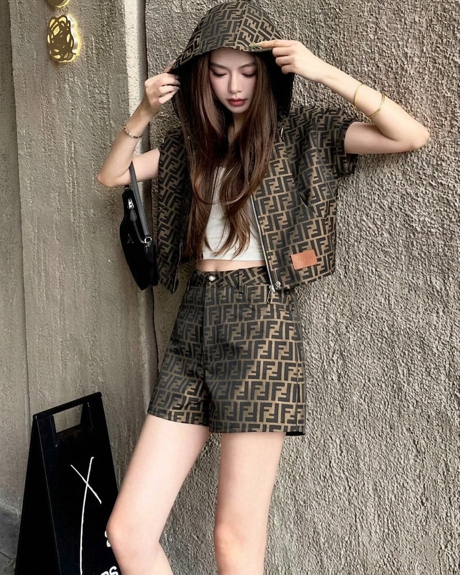 Set bộ thời trang áo có nón quần short họa tiết hãng Fendi 6
