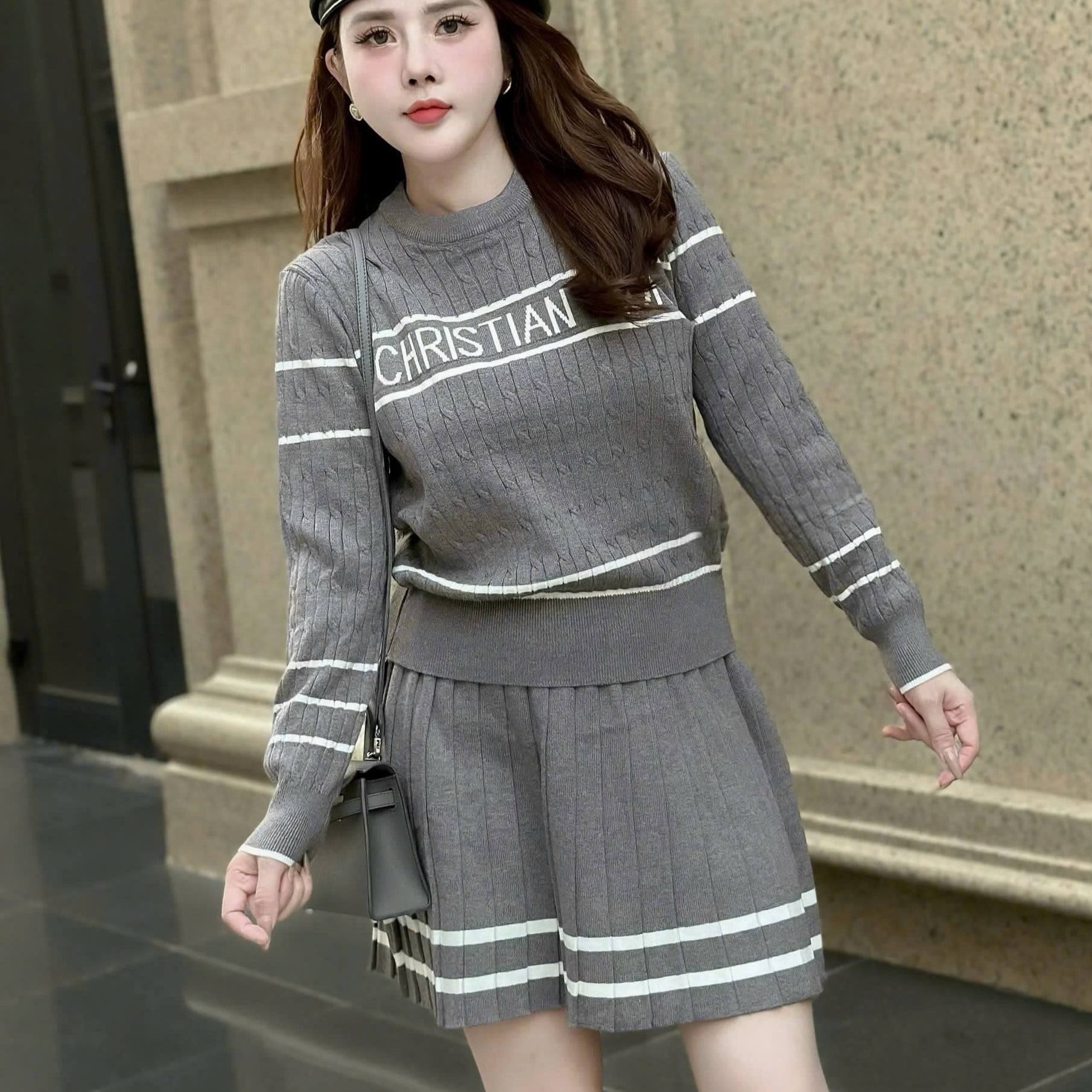 Set bộ len áo tay dài váy ngắn xòe Dior 8
